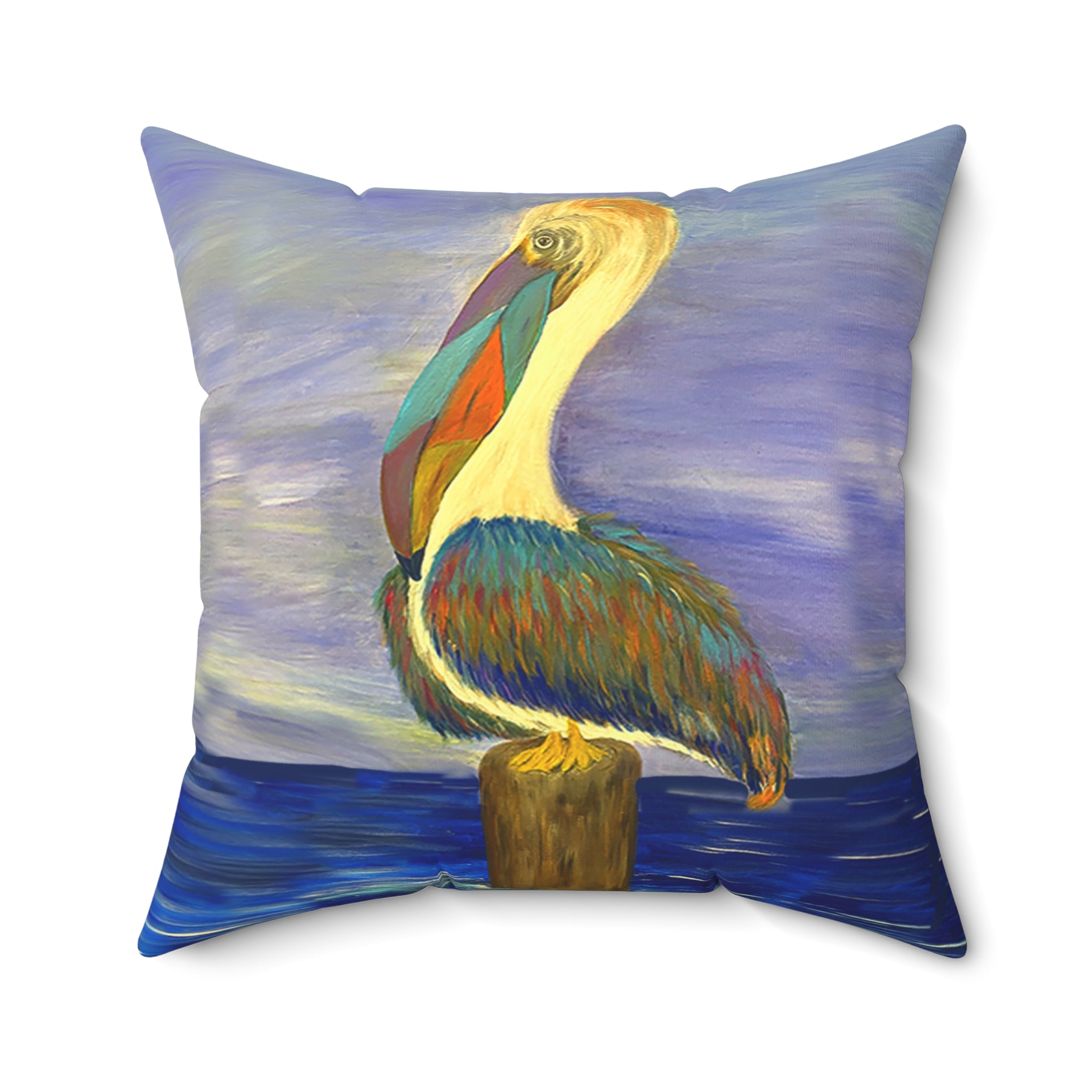 Pelican Art Pillow — Coastal Decorative Throw Pillow with Colorful Pelican Painting