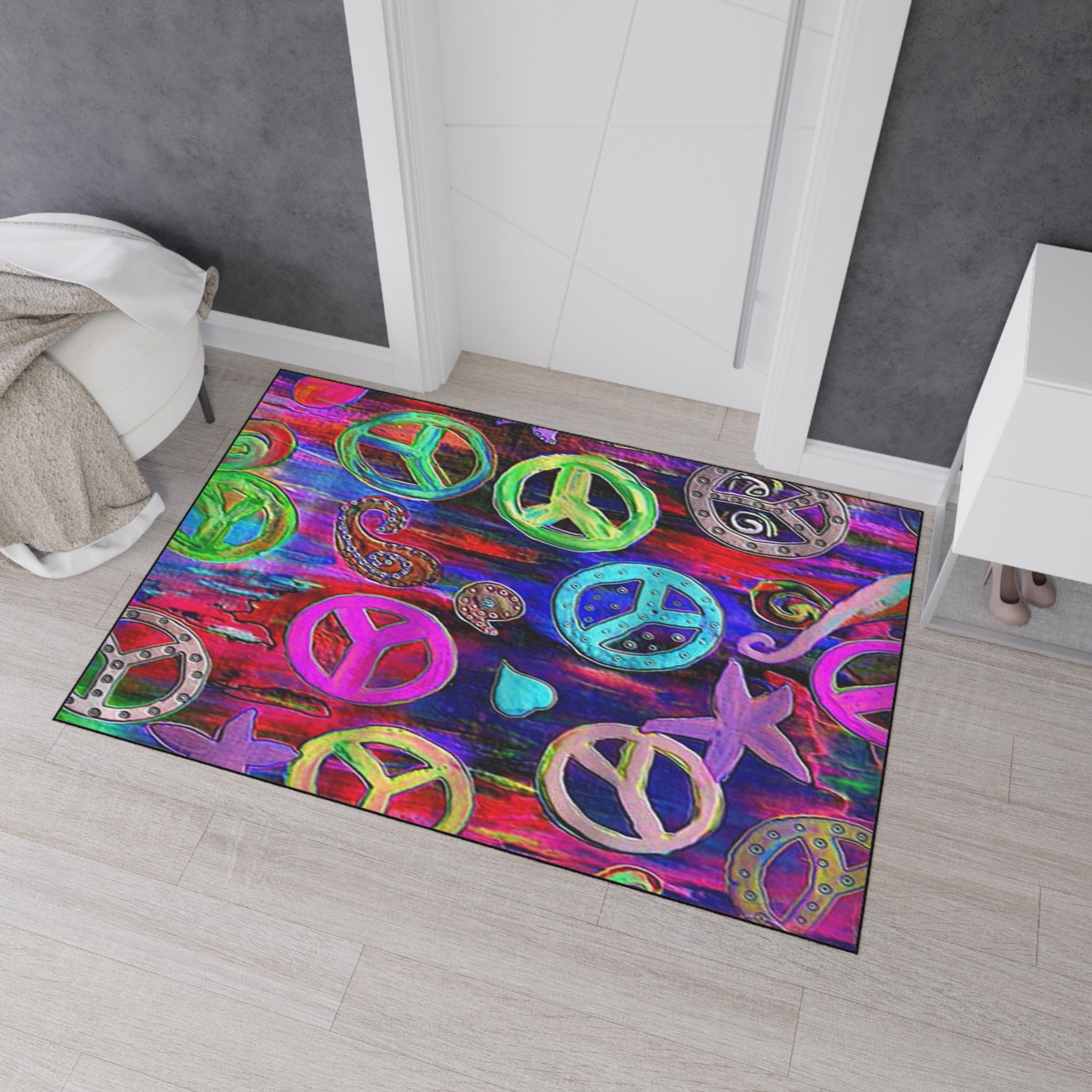 Vibrant Peace Signs Heavy Duty Floor Mat — Colorful Boho Entry Rug