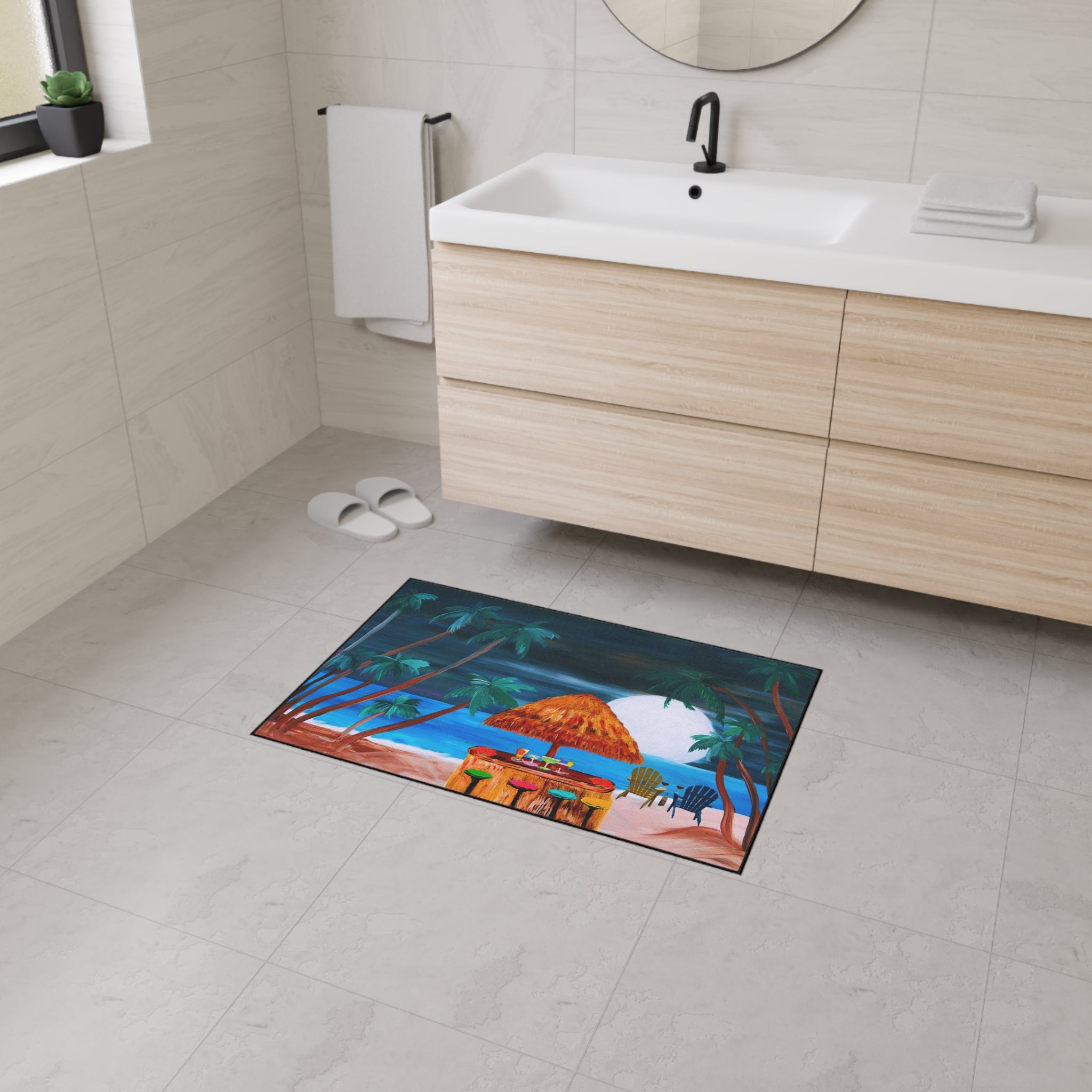 Tropical Beach Tiki Mat — Heavy Duty Floor Mat with Sunset Palm Paradise Design