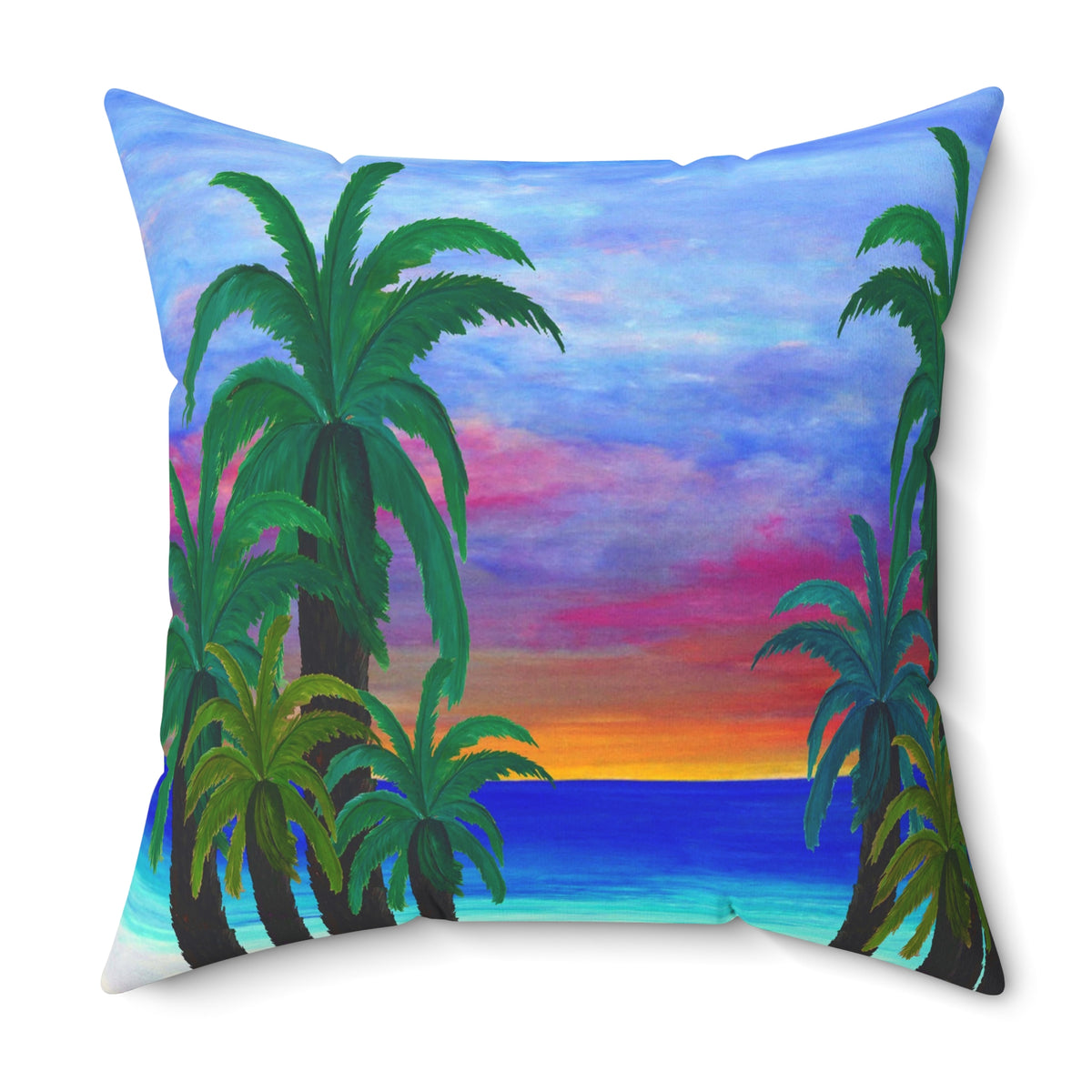 Tropical Sunset Palm Pillow — Beach Sunset Decorative Throw Pillow