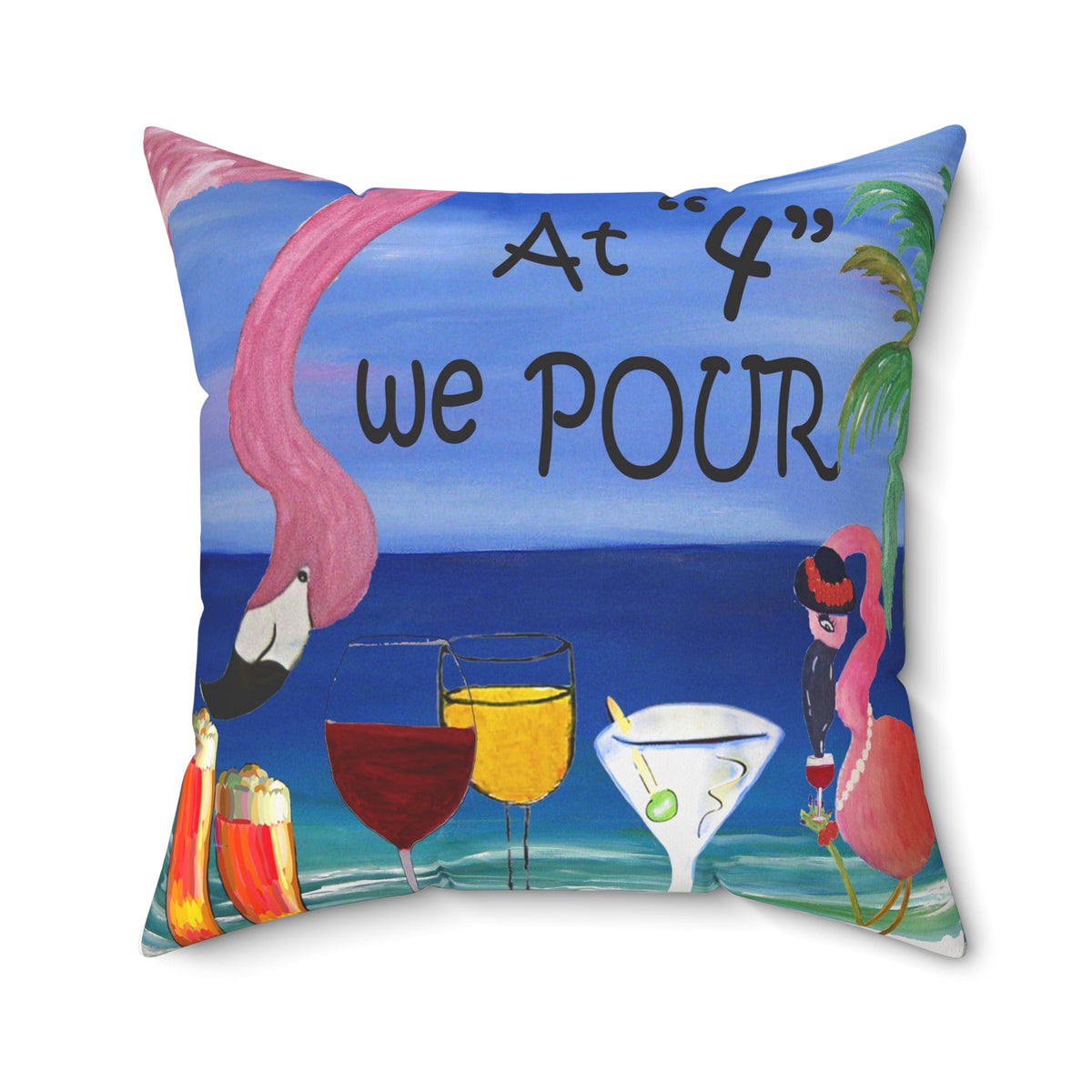 At 4 We Pour Tropical Flamingo Cocktail Pillow