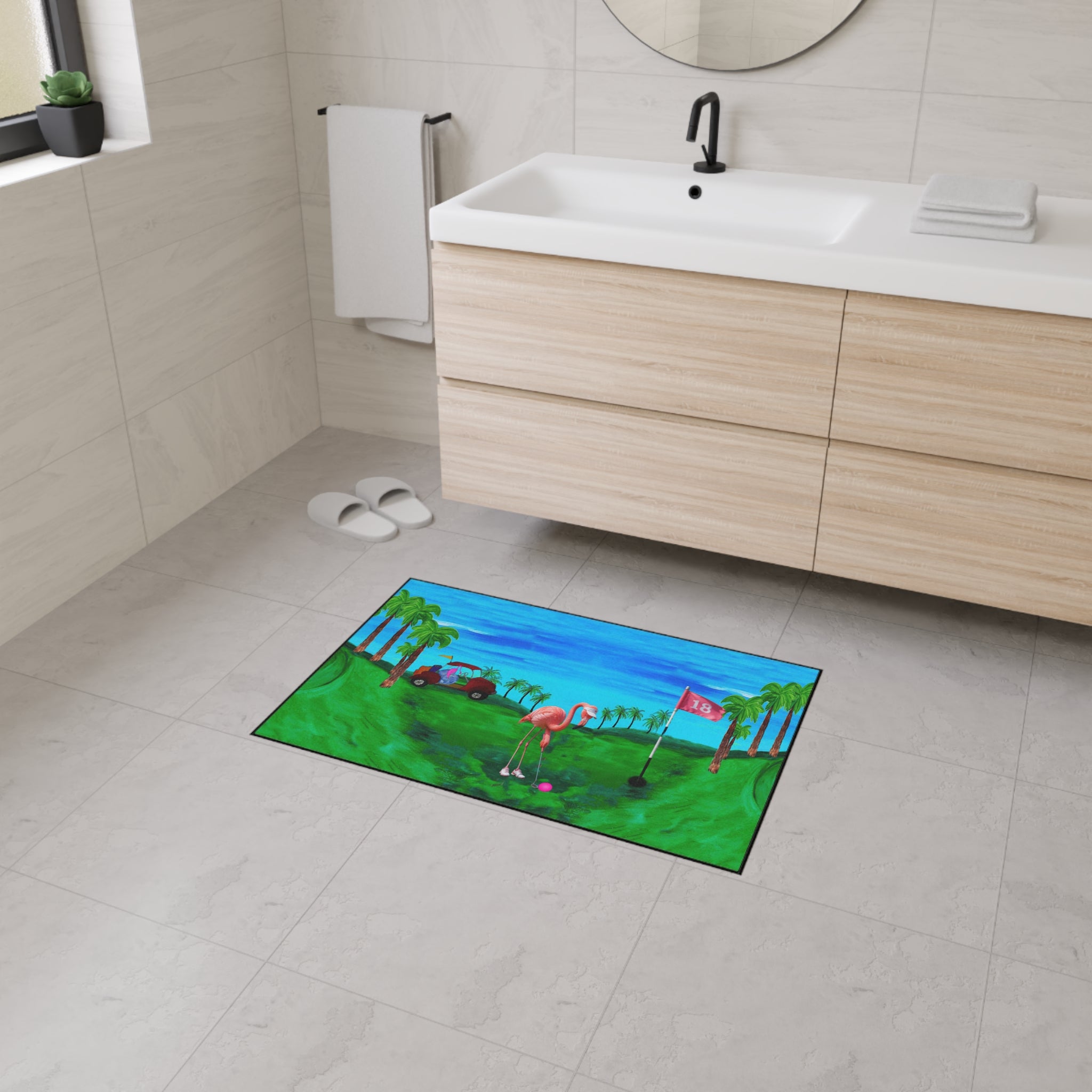 Golf Flamingo Heavy Duty Floor Mat — Tropical 18th Hole Welcome Mat