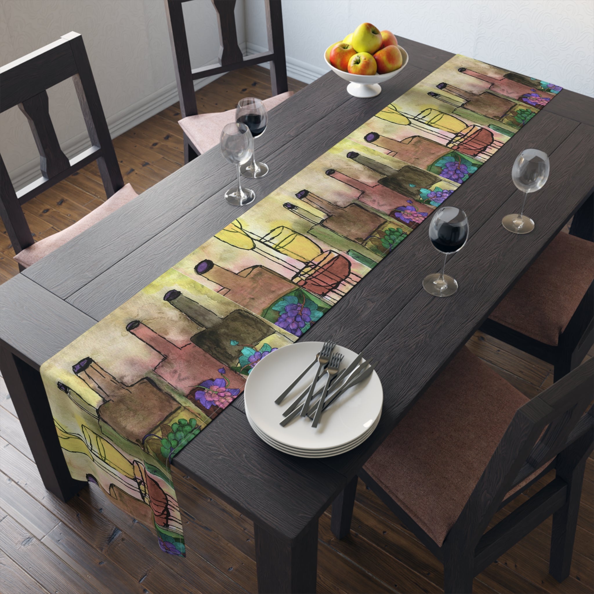 Wine Bottles & Vases Table Runner — Watercolor Rustic Farmhouse Decor