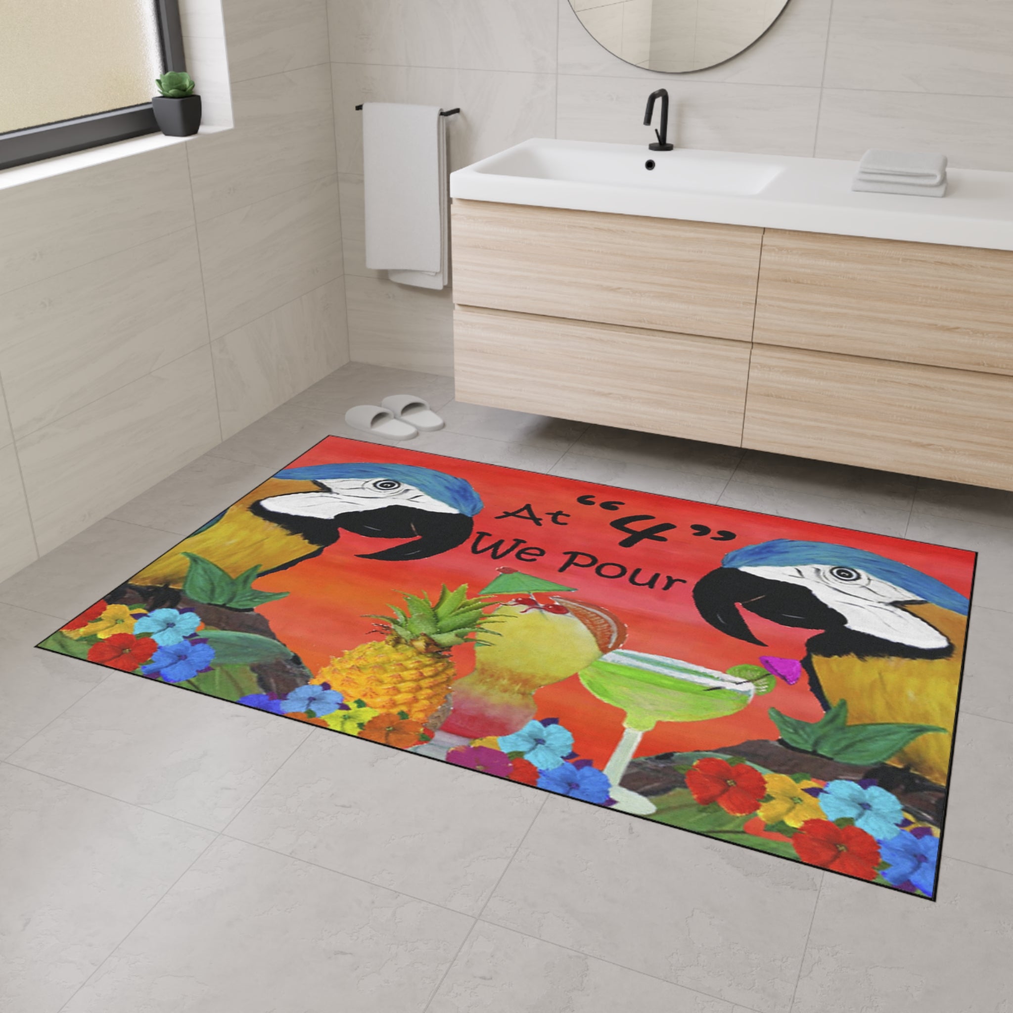 Tropical Parrot Floor Mat — "At 4 We Pour" Bar Welcome Doormat
