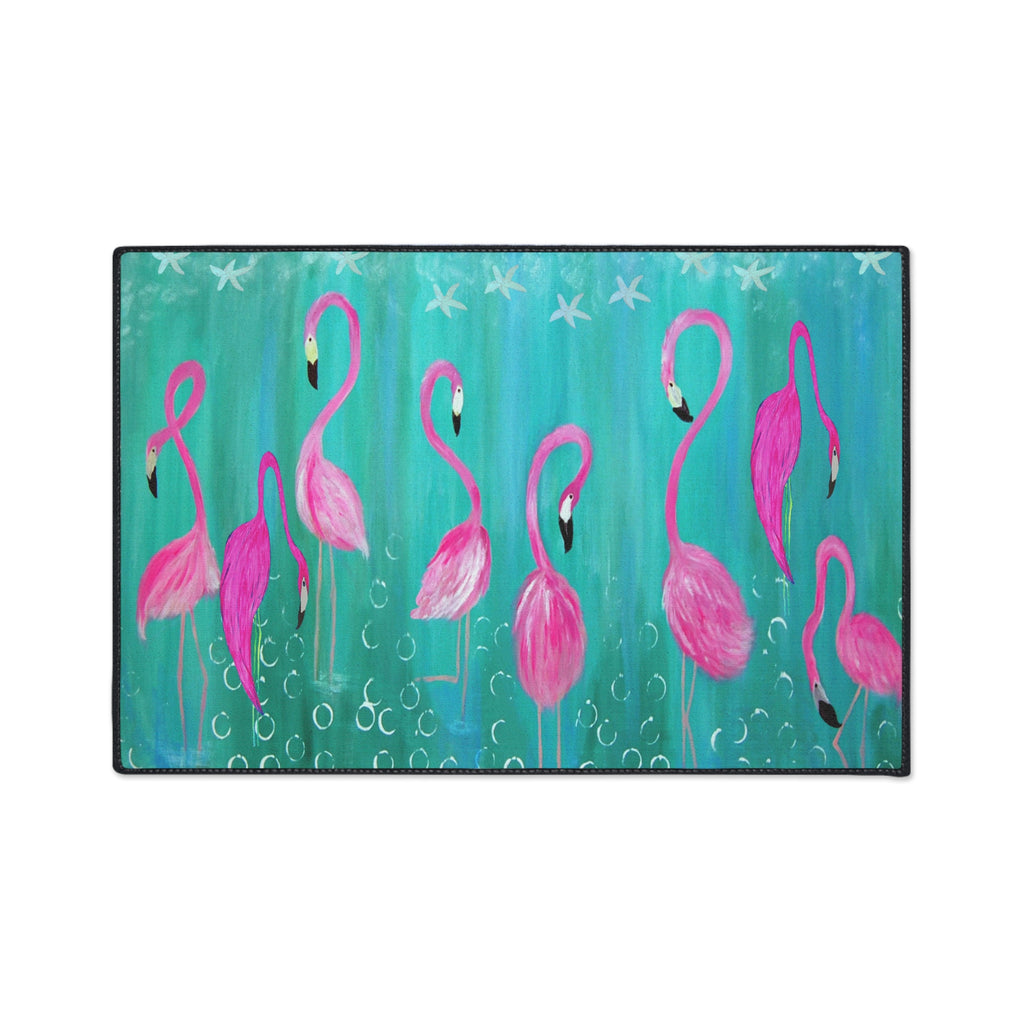 Flamingo Beach Floor Mat — Vibrant Pink Flamingos on Teal Non-Slip Mat