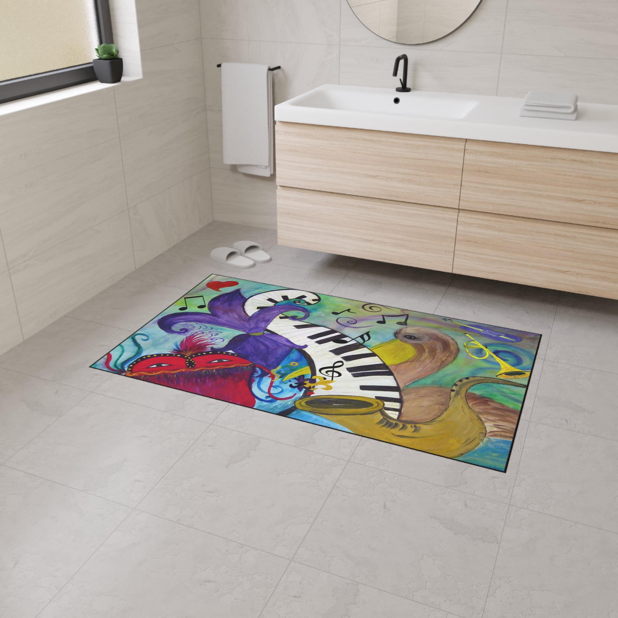 Mardi Gras Jazz Floor Mat — Colorful Musical Mask & Saxophone Doormat