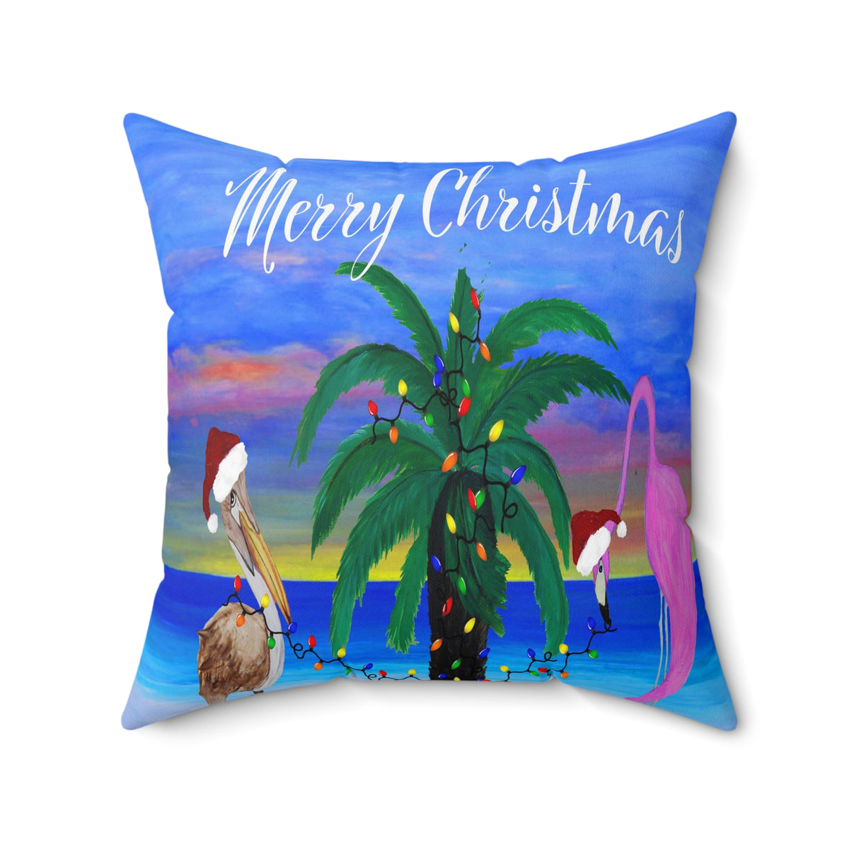 Christmas pelican and flamingo Santas trim a palm tree Holiday lights Spun Polyester Square Pillow