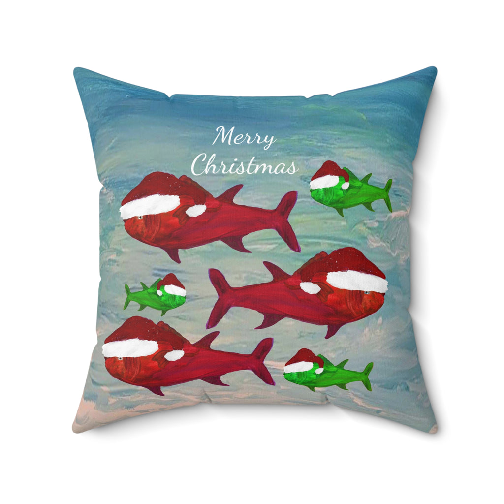 Christmas Fish Throw Pillow — 'Merry Christmas' Nautical Holiday Decor