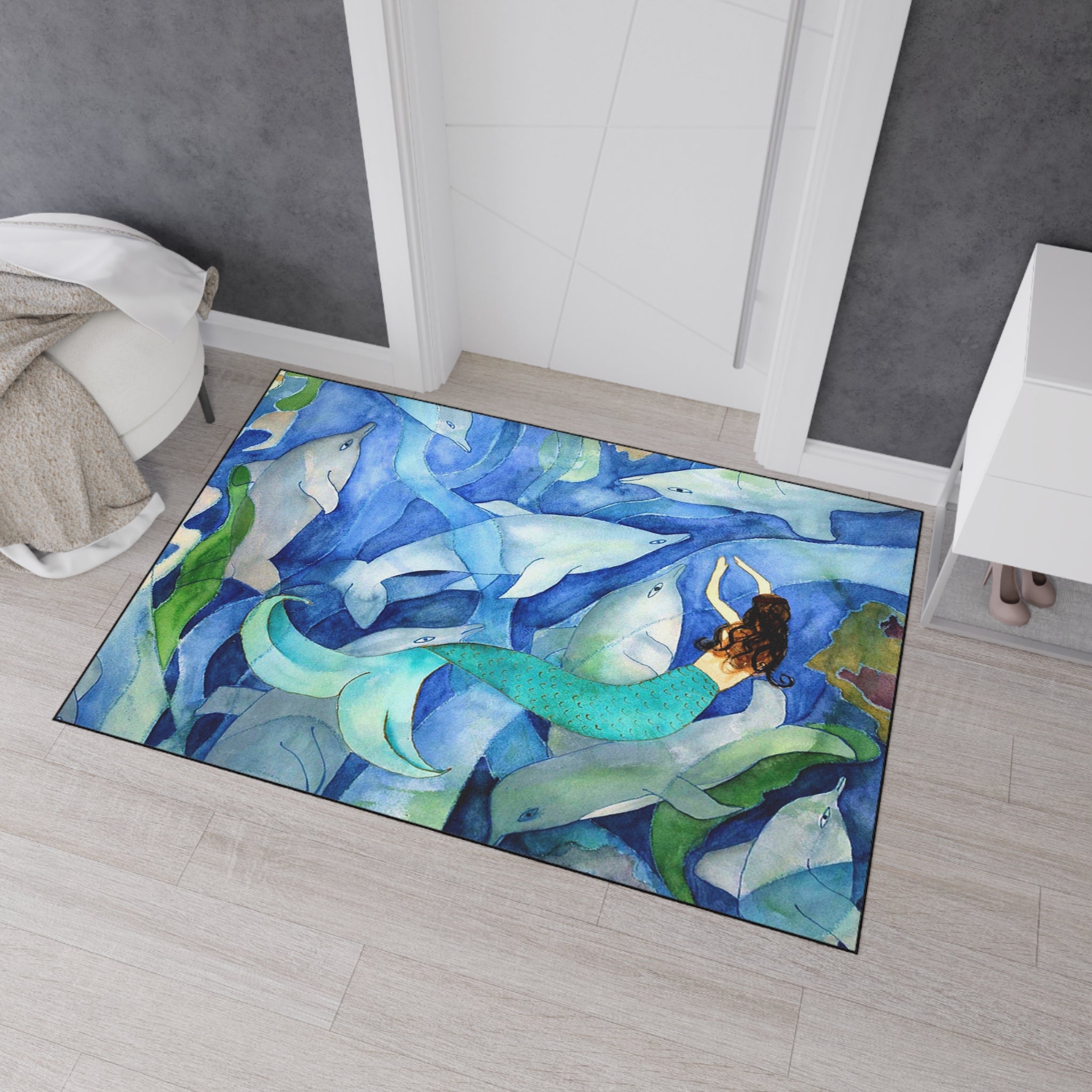 Mermaid and Dolphins Ocean Floor Mat — Heavy-Duty Nautical Doormat
