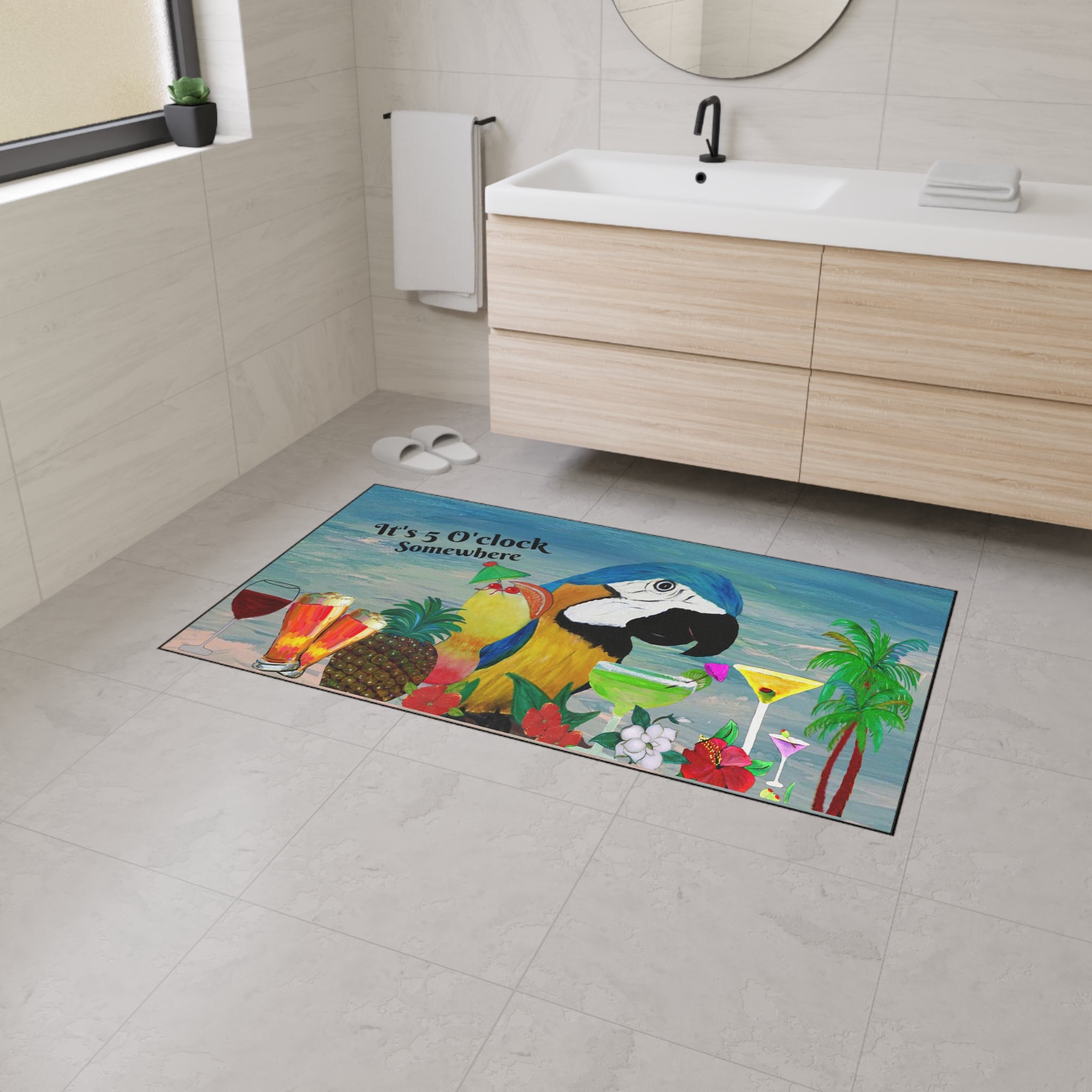 Parrot Bar Heavy Duty Floor Mat — "It's 5 O'Clock Somewhere" Tropical Parrot Drink Mat