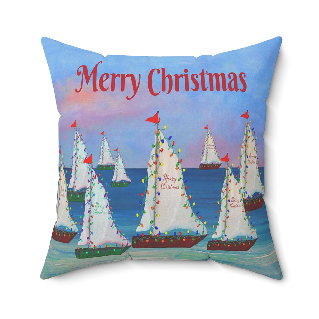 Merry Christmas Sailboat Pillow — Coastal Holiday Decorative Throw Pillow