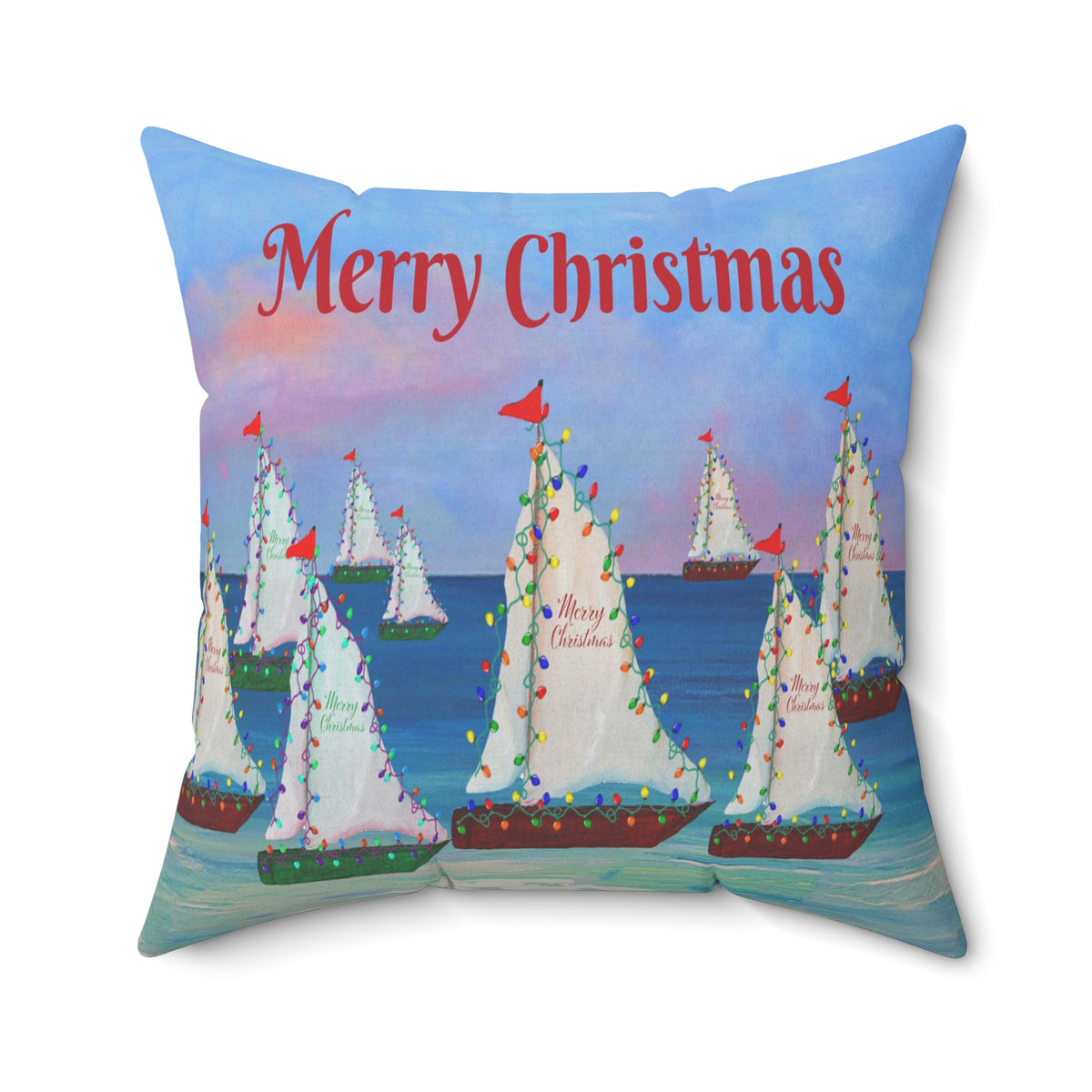 Merry Christmas Sailboat Pillow — Coastal Holiday Decorative Throw Pillow
