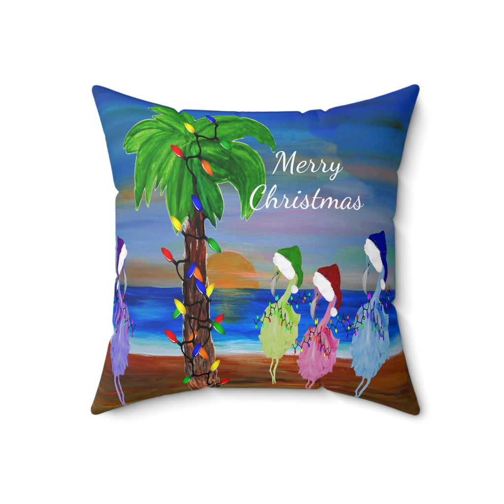 Flamingos Merry Christmas Tropical Palm Pillow — Festive Beach Holiday Decor
