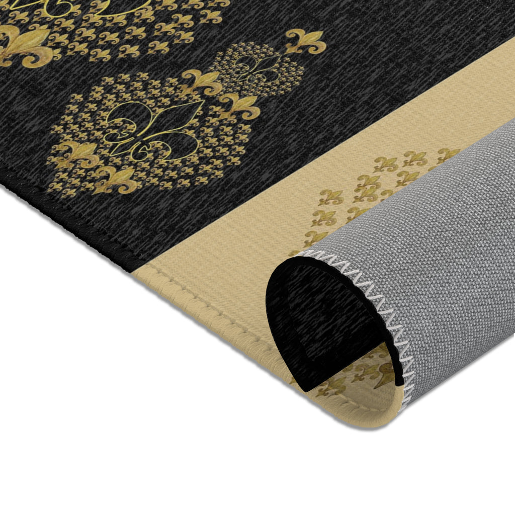 Fleur-de-Lis Striped Area Rug — Elegant Gold & Black Decorative Mat