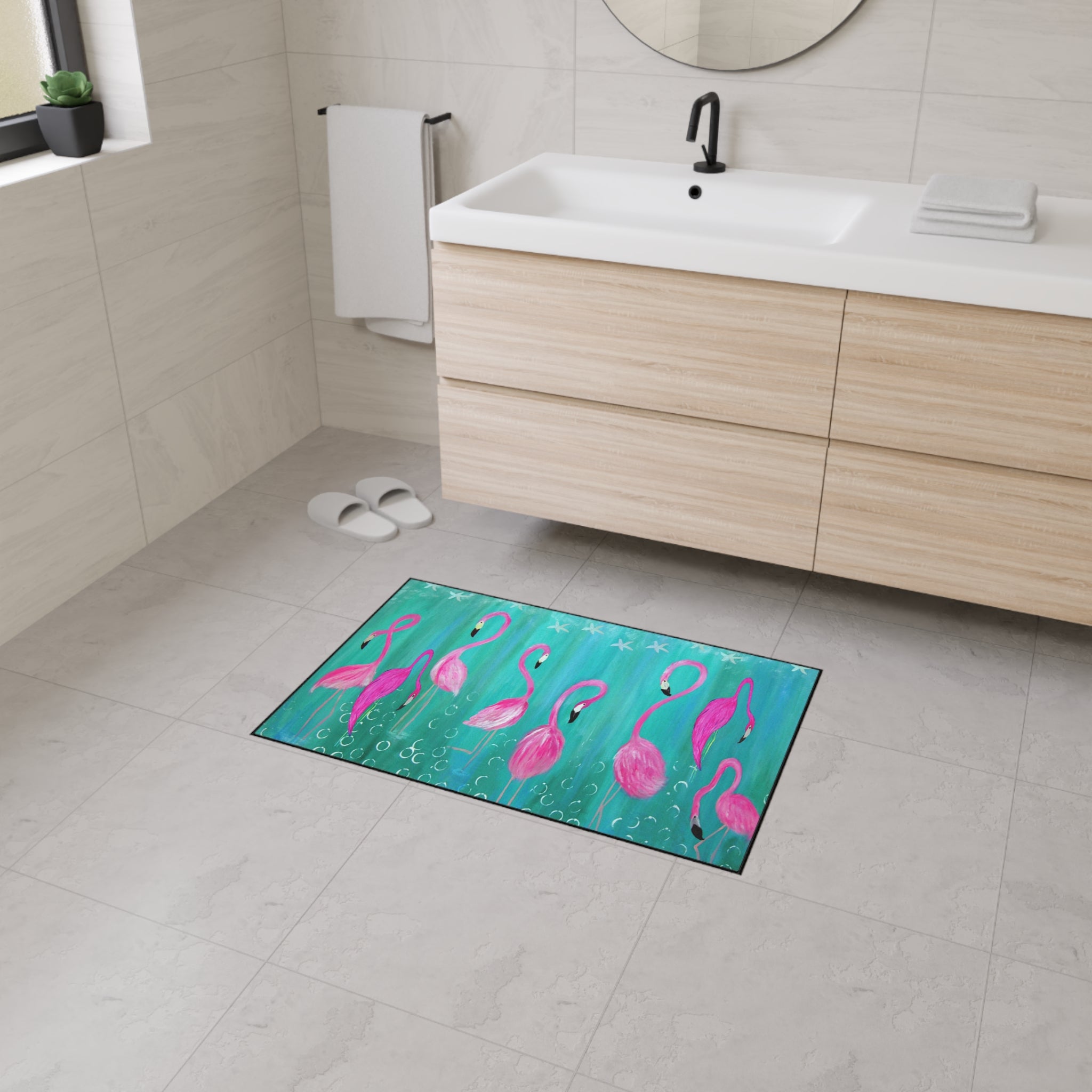 Flamingo Beach Floor Mat — Vibrant Pink Flamingos on Teal Non-Slip Mat