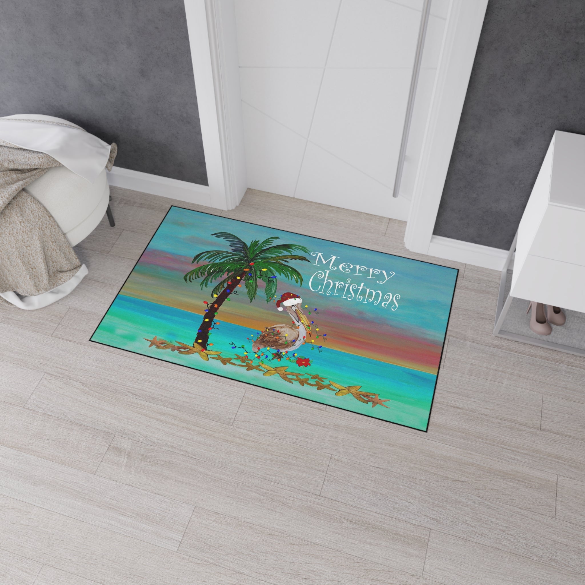 Christmas Beach Floor Mat — 'Merry Christmas' Pelican & Palm Holiday Doormat