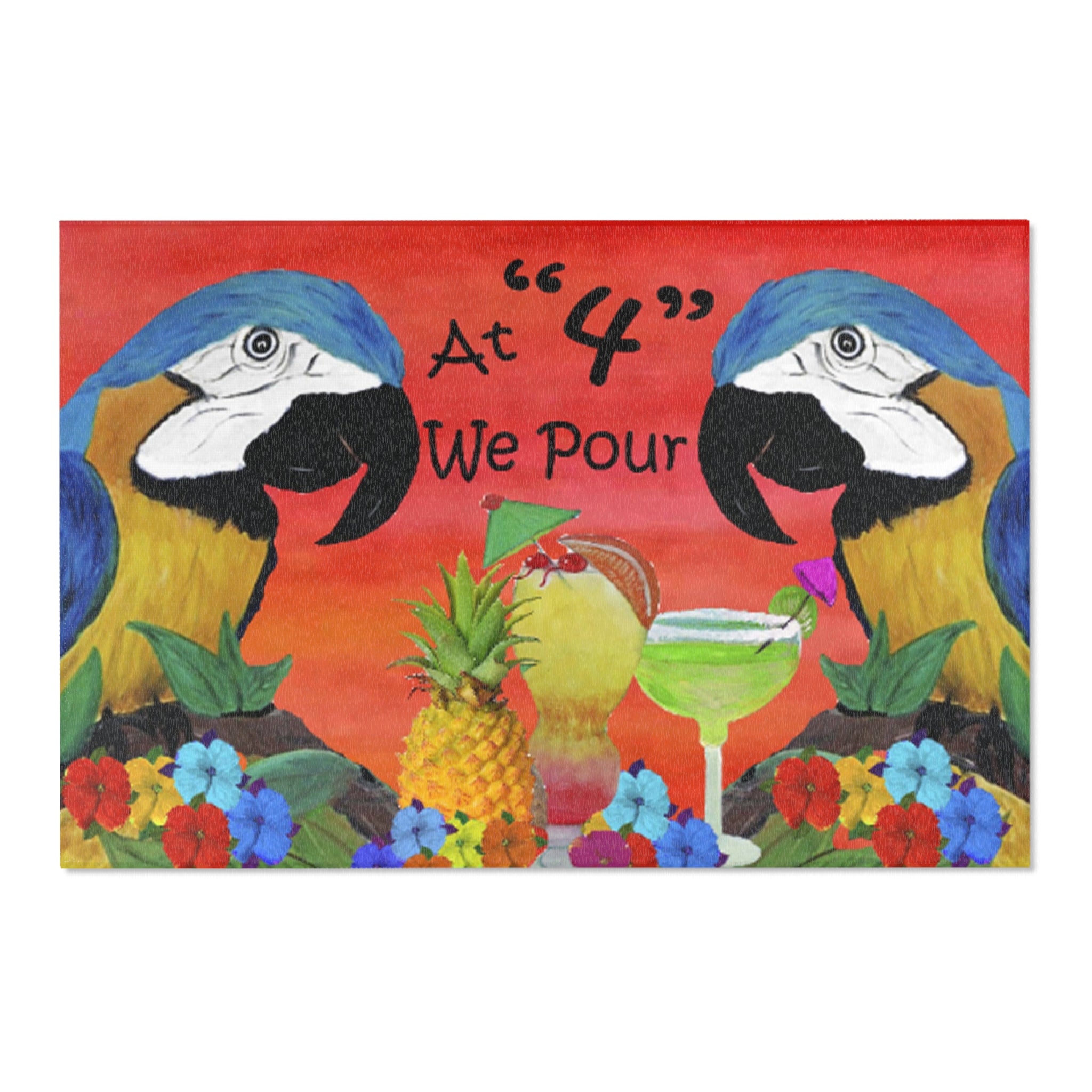 Tropical Parrot Cocktail Area Rug — "At 4 We Pour" Colorful Beach Vibe Mat