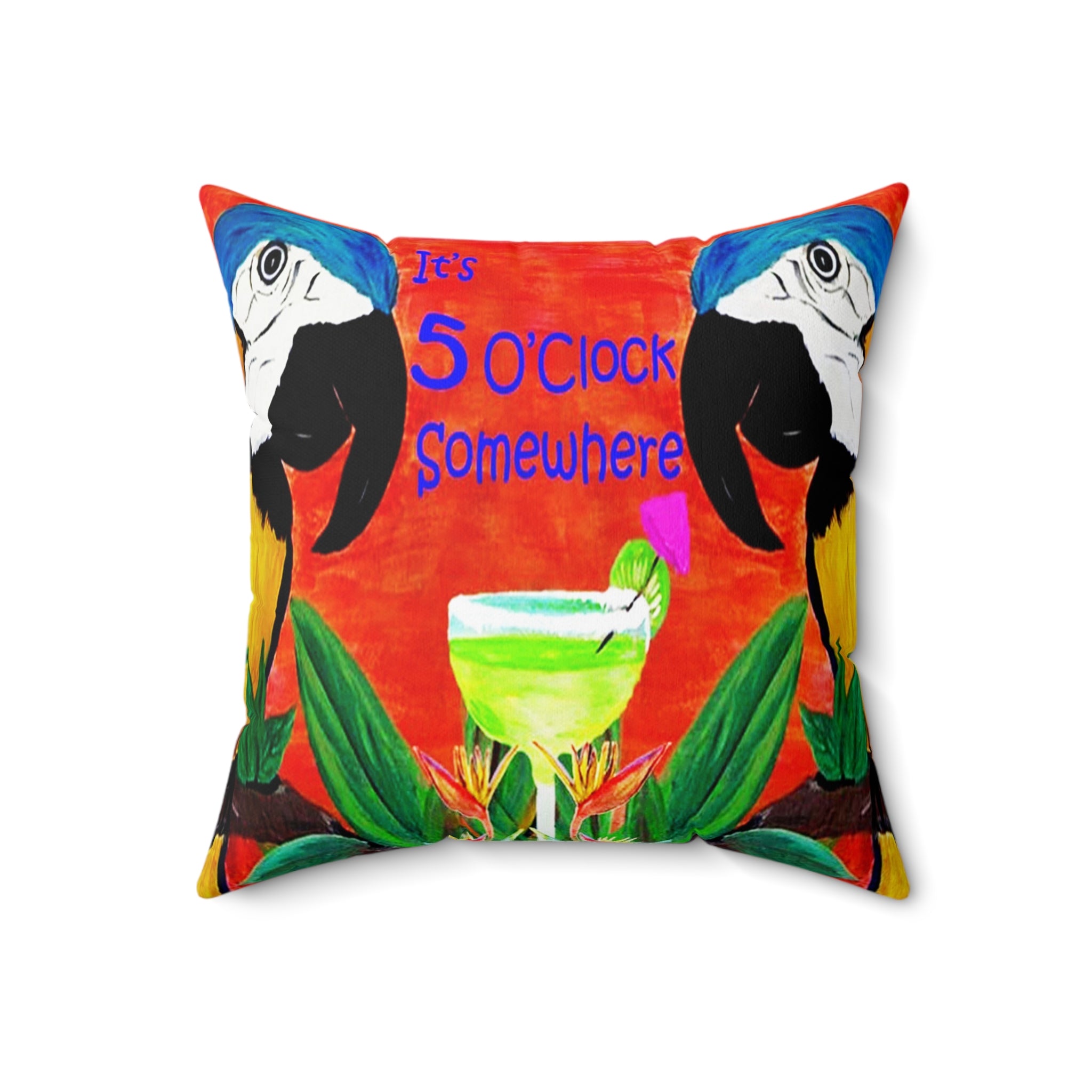 Square Pillow — Tropical Parrot 'It's 5 O'Clock Somewhere' Cocktail Design