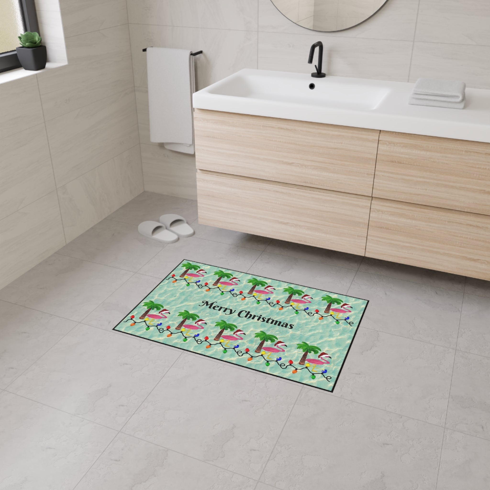 Tropical Flamingo Christmas Floor Mat — Merry Christmas Poolside Doormat