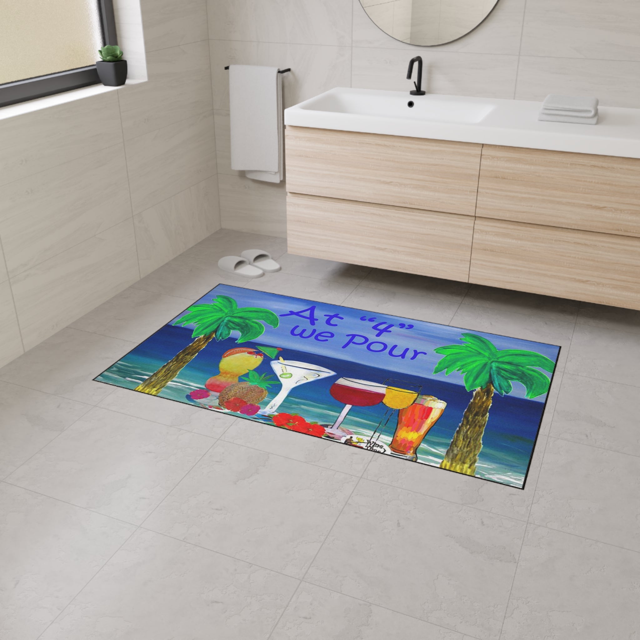 Heavy Duty Floor Mat — "At '4' We Pour" Tropical Cocktail Beach Doormat