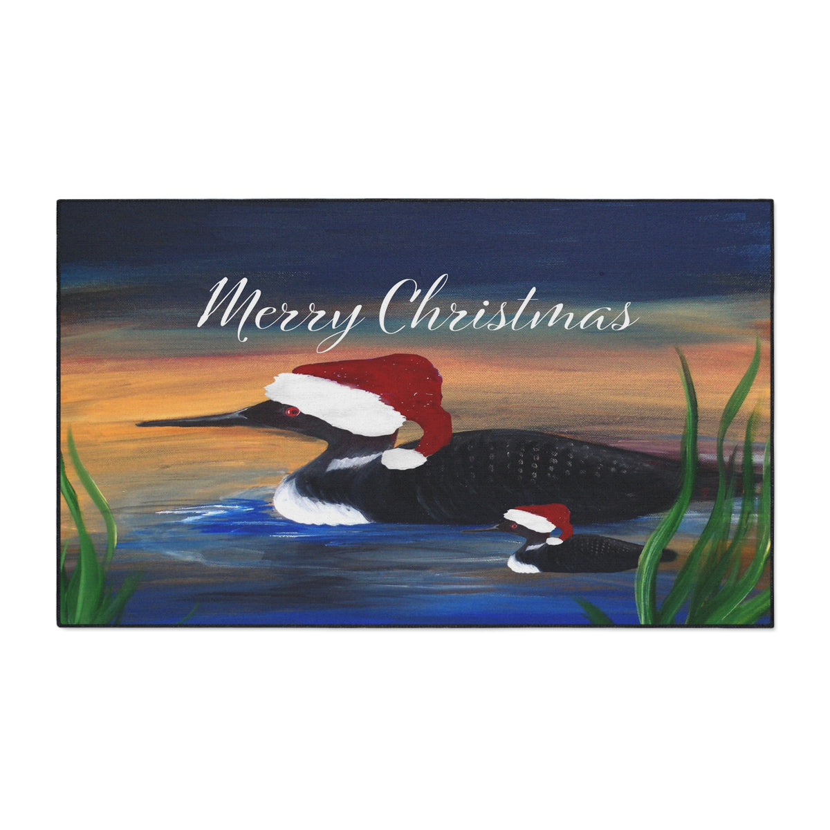 Christmas Loon Rug Doormat - "Merry Christmas" Holiday Waterfowl Floor Mat