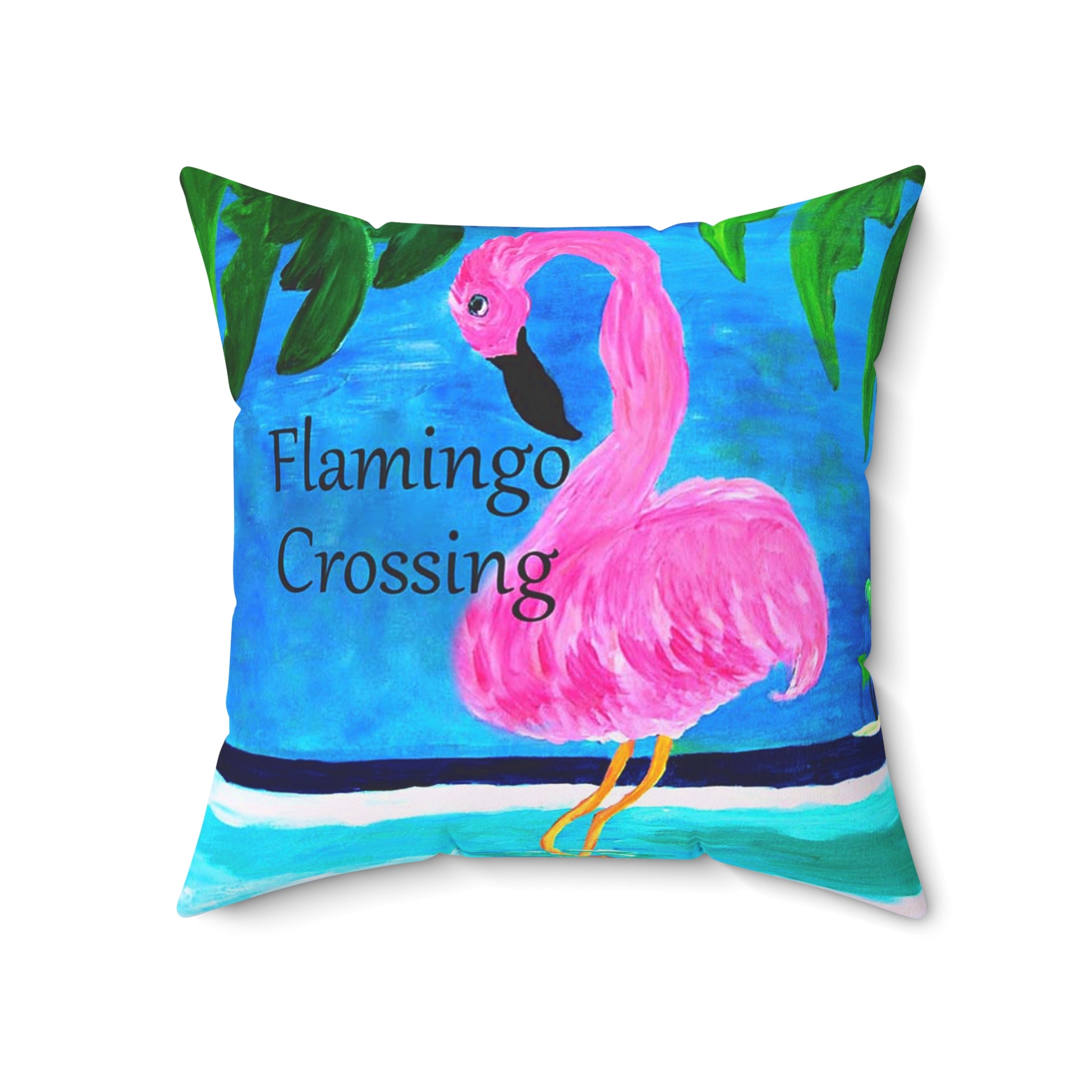 Flamingo Crossing Throw Pillow — Tropical Pink Flamingo Decorative Pillow