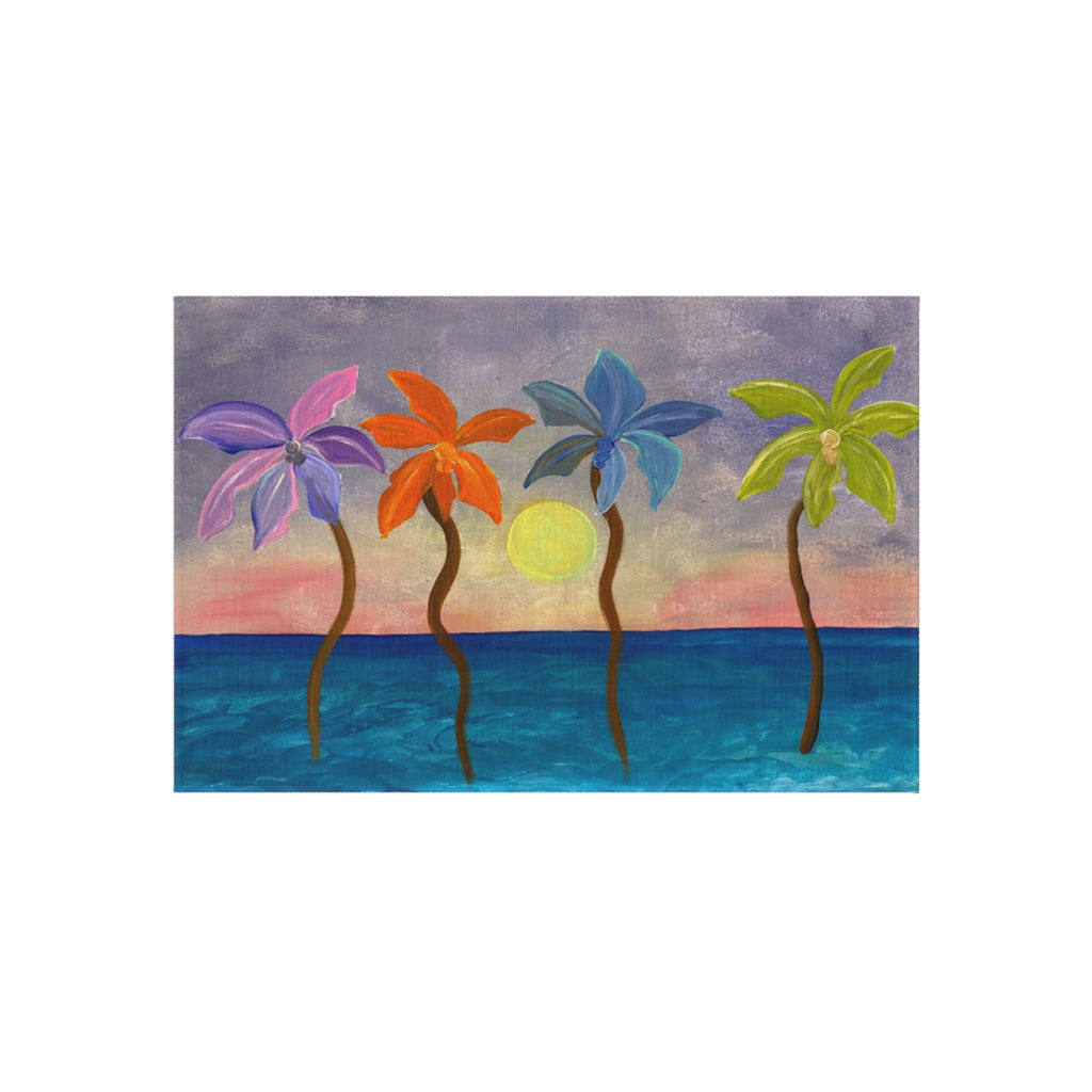 Tropical Sunset Palm Outdoor Rug — Colorful Beach Scene Mat for Patio, Deck & Pool