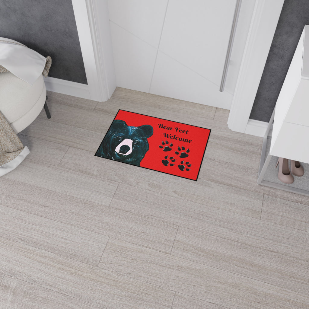 Bear Feet Welcome Heavy-Duty Floor Mat — Red Cabin Doormat with Bear Paw Prints