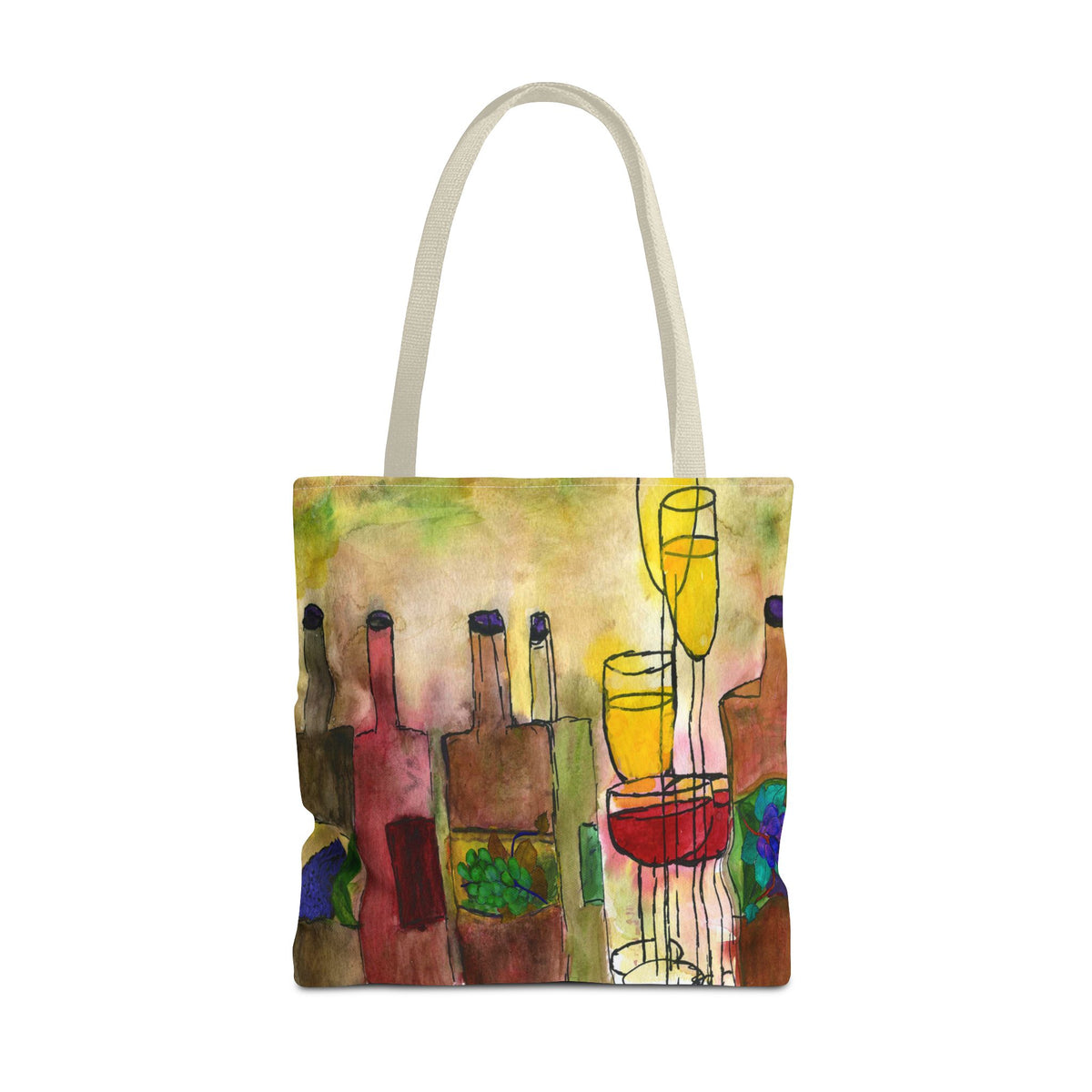 Wine & Glasses Artistic Tote Bag — Colorful Vineyard Watercolor All-Over Print