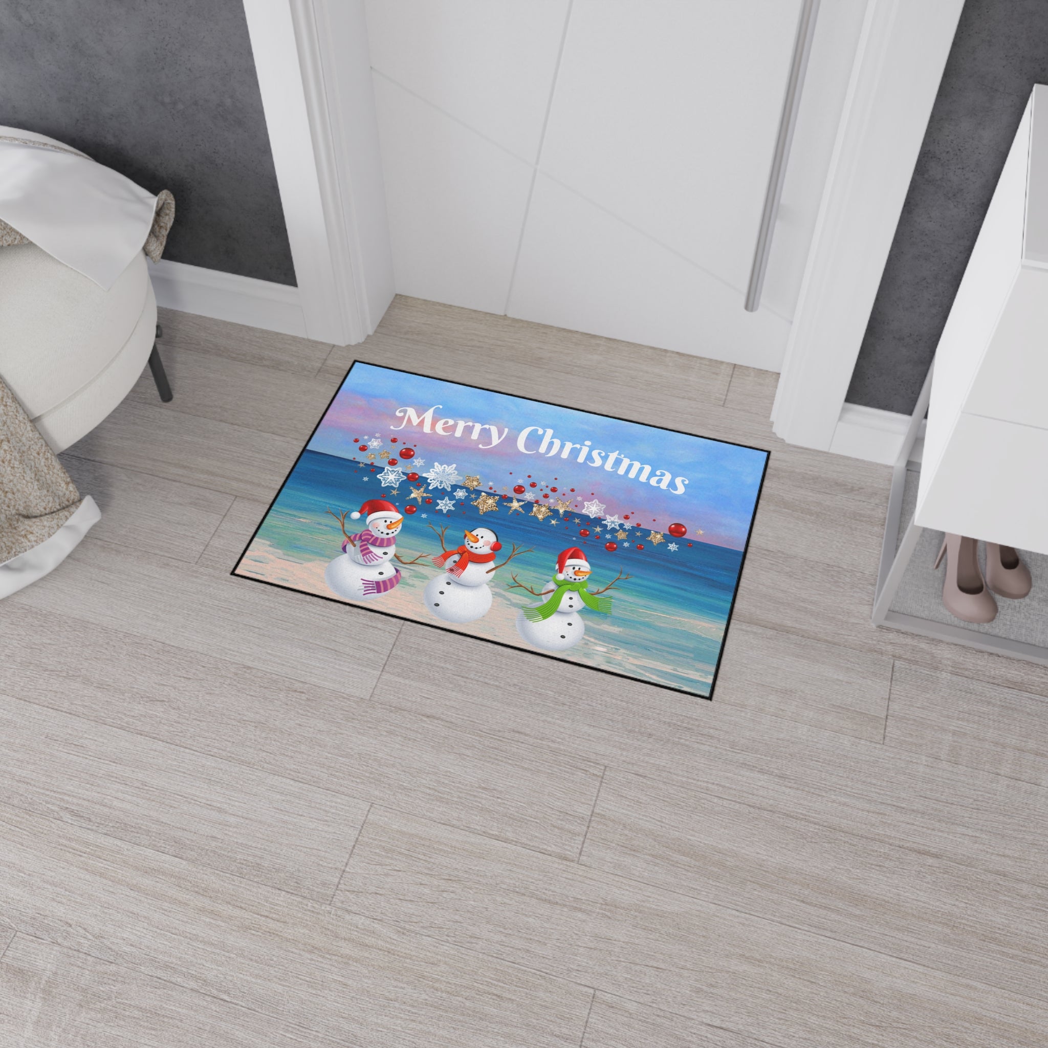 Christmas Snowmen Beach Heavy Duty Floor Mat - Merry Christmas Holiday Doormat