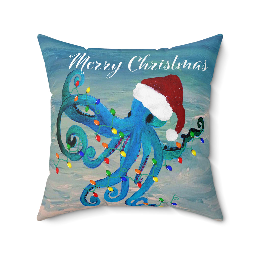 Merry Christmas Octopus Pillow — Festive Santa Hat Sea Creature Throw Pillow