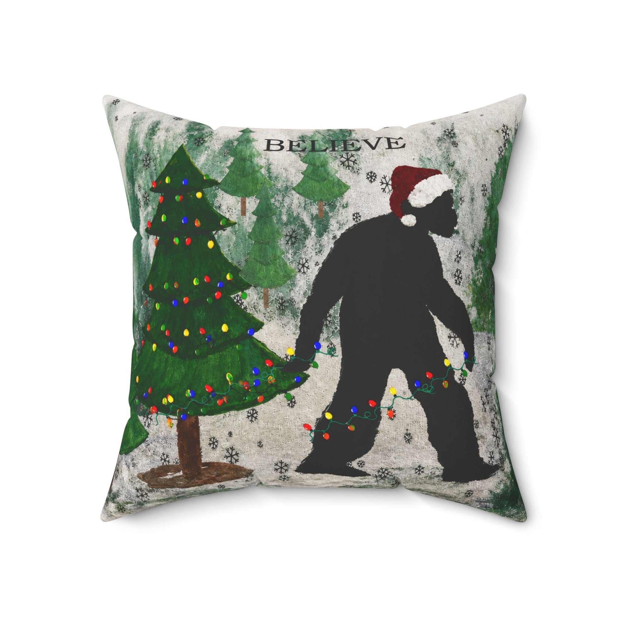 Christmas Bigfoot Pillow — 'Believe' Holiday Decorative Throw Pillow
