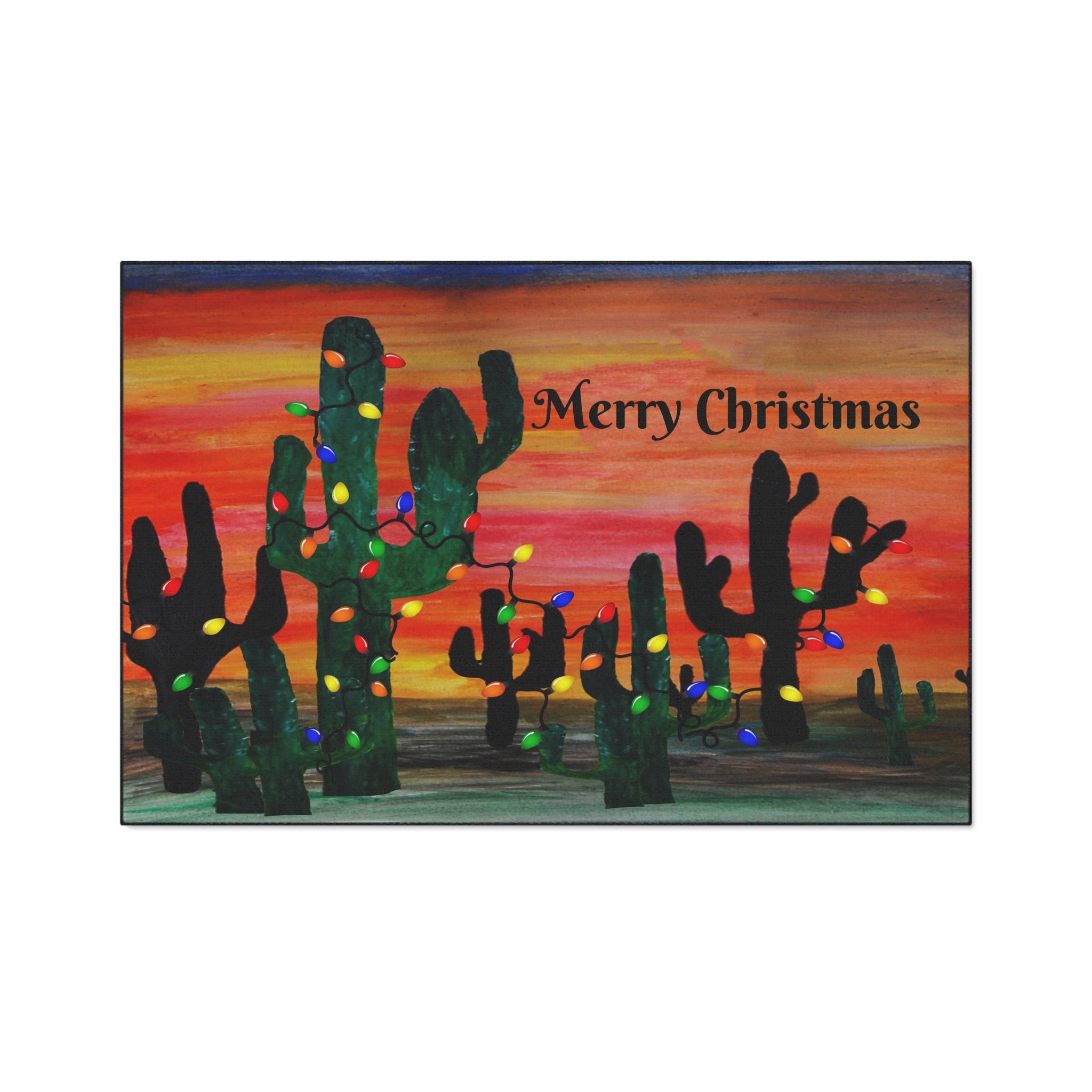 Christmas Cactus Doormat - "Merry Christmas" Desert Sunset Floor Mat
