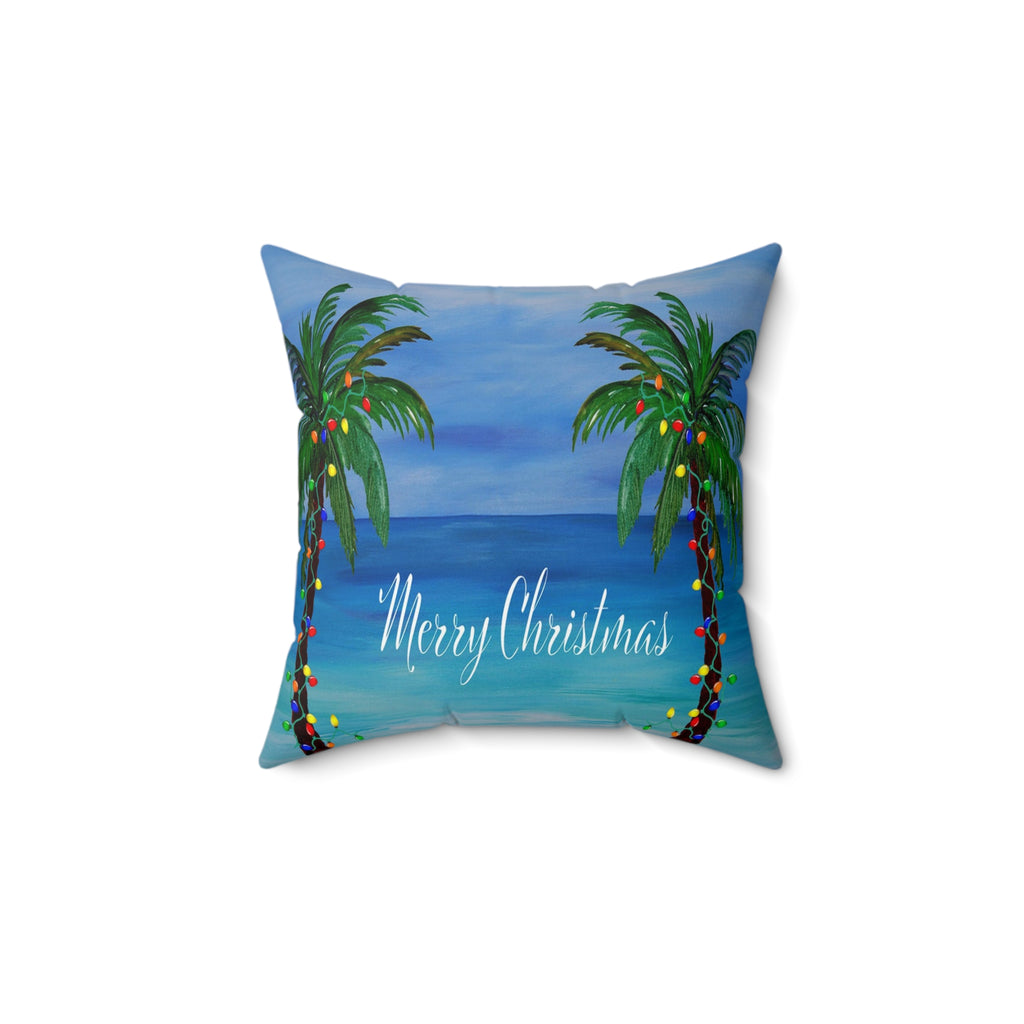 Merry Christmas Tropical Pillow — Palm Trees & Beach Holiday Throw Pillow
