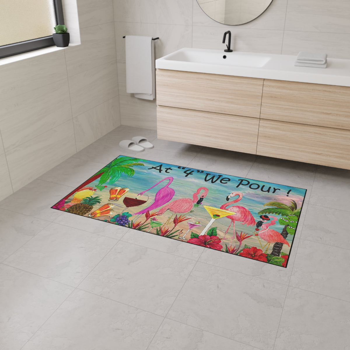 Tropical Flamingo Welcome Mat — "At '4' We Pour!" Cocktail Beach Door Mat