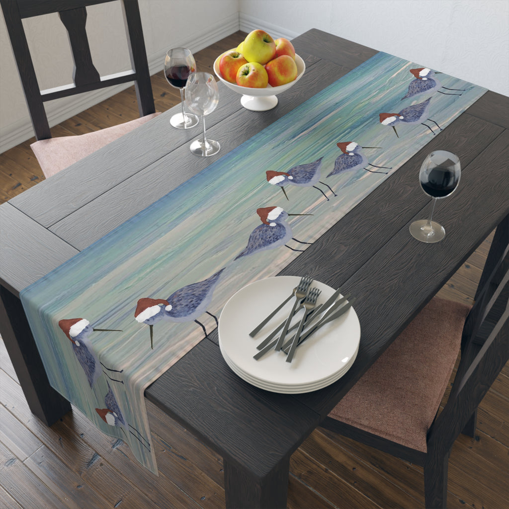 Christmas Holiday Coastal Sandpiper Table Runner — Blue Beach Shorebirds Cotton-Poly Décor