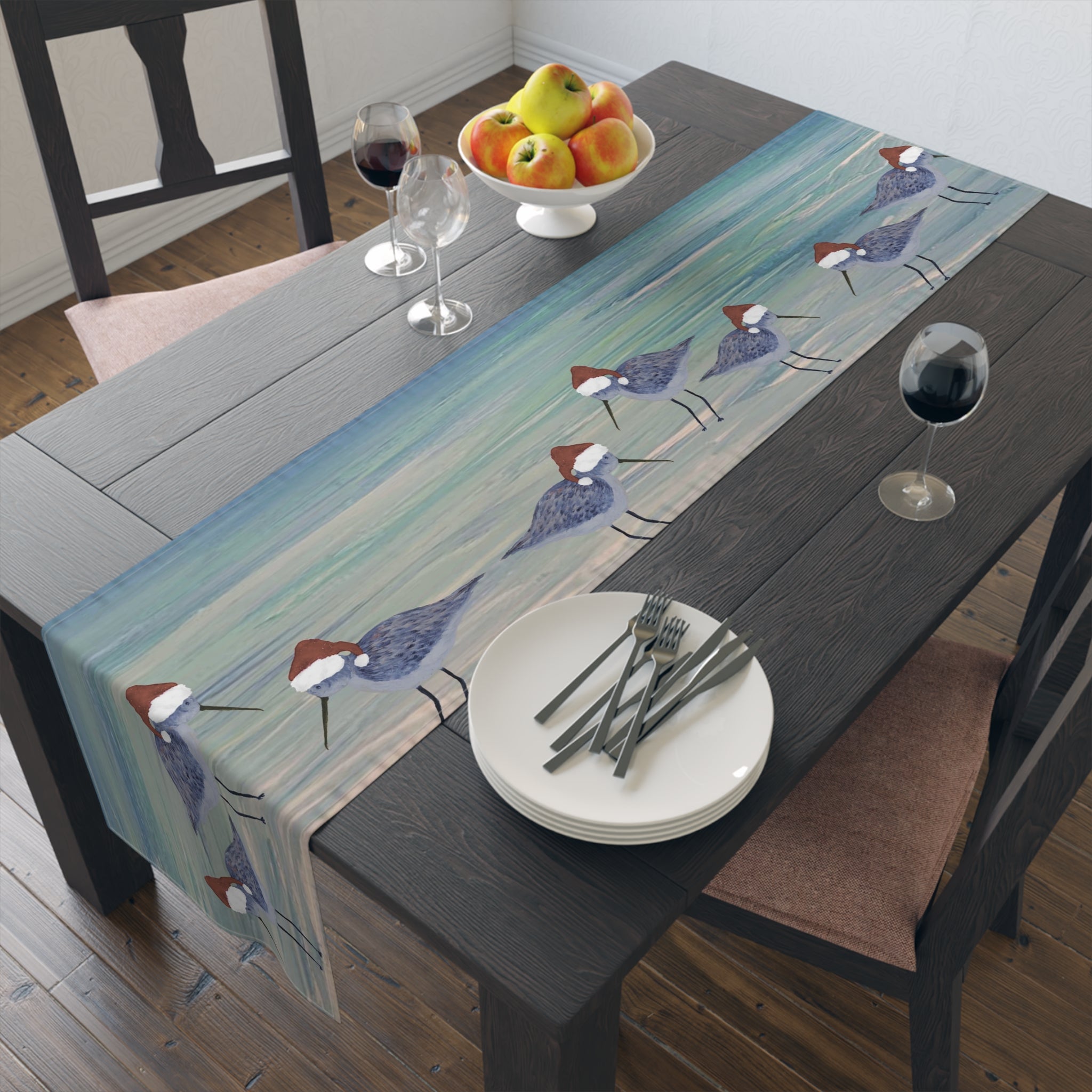 Christmas Holiday Coastal Sandpiper Table Runner — Blue Beach Shorebirds Cotton-Poly Décor