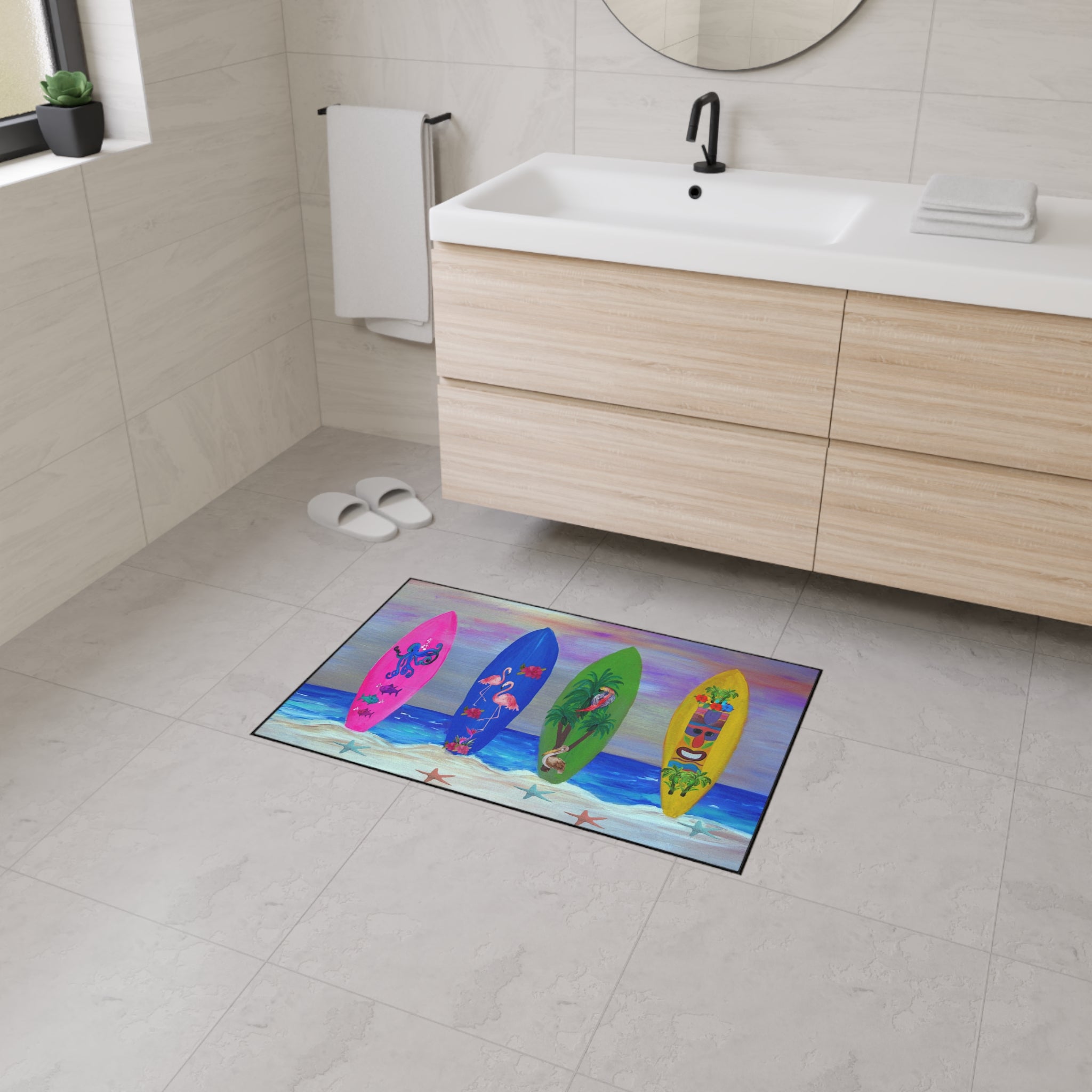 Tropical Surfboard Beach Mat — Heavy Duty Floor Mat with Colorful Surf Art