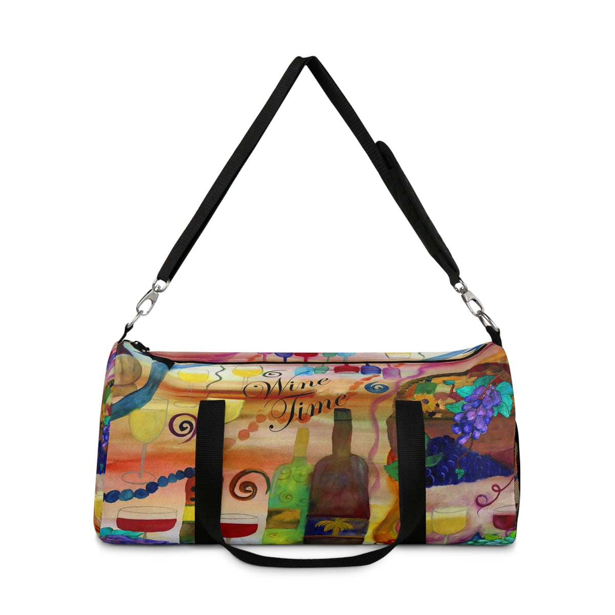 Wine Time Duffel Bag — Colorful Grapes & Bottles Travel Bag