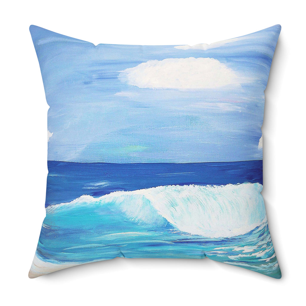 Ocean Wave Throw Pillow — Coastal Blue Beach Art Square Pillow