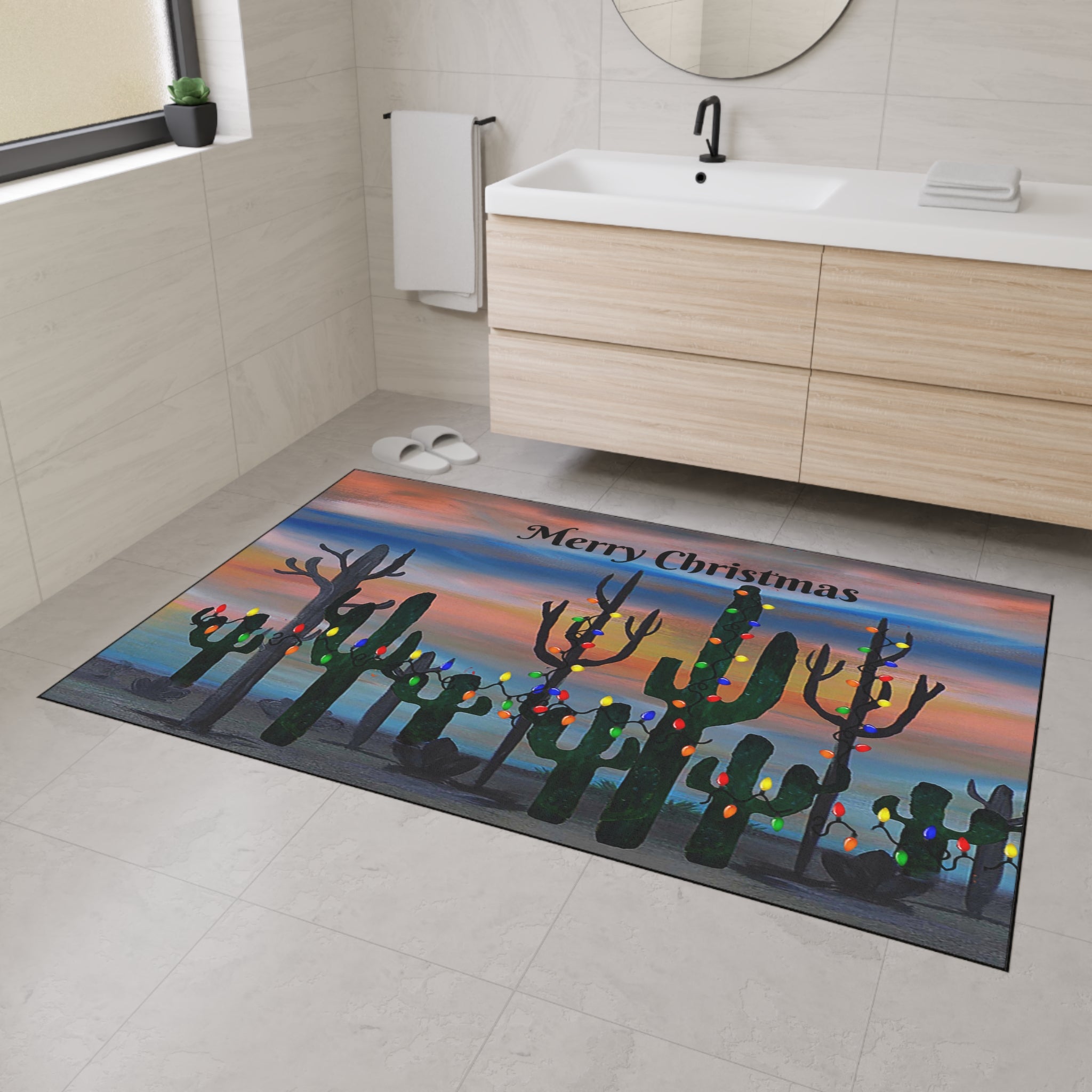 Christmas Cactus Floor Mat – Merry Christmas Desert Scene Doormat