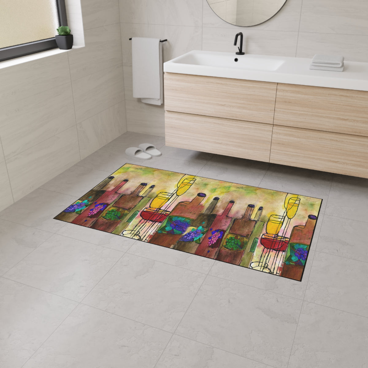 Wine Bottle Art Heavy Duty Floor Mat Vineyard Bar Colorful Grapes & Glasses Entry Rug