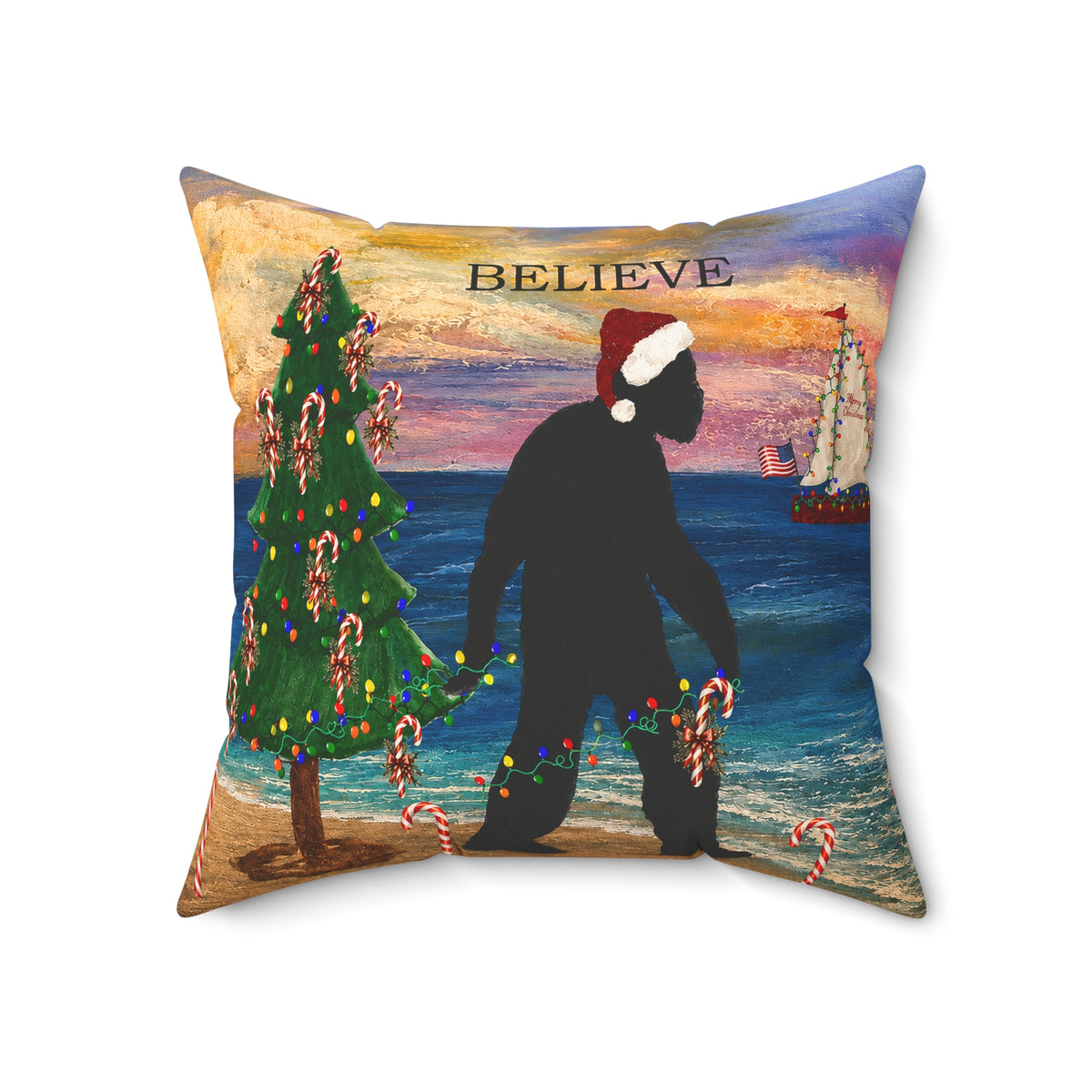Believe Bigfoot Funny Nautical Holiday Christmas Throw Pillow