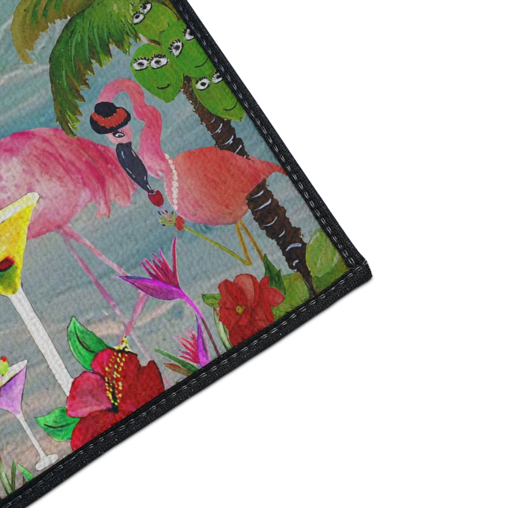 Tropical Flamingo Welcome Mat — "At '4' We Pour!" Cocktail Beach Door Mat