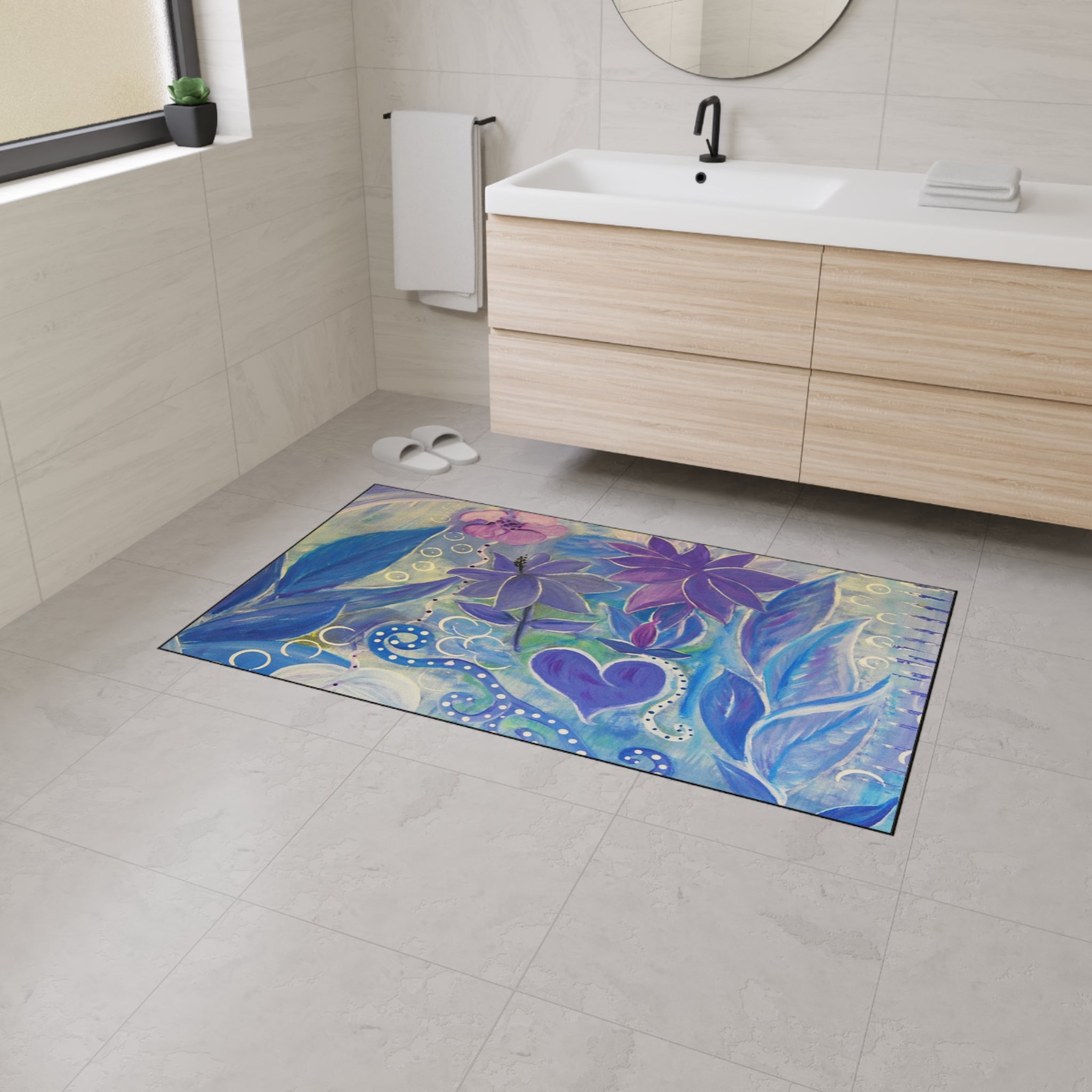 Floral Heart Heavy-Duty Floor Mat — Purple Blue Garden Door Mat