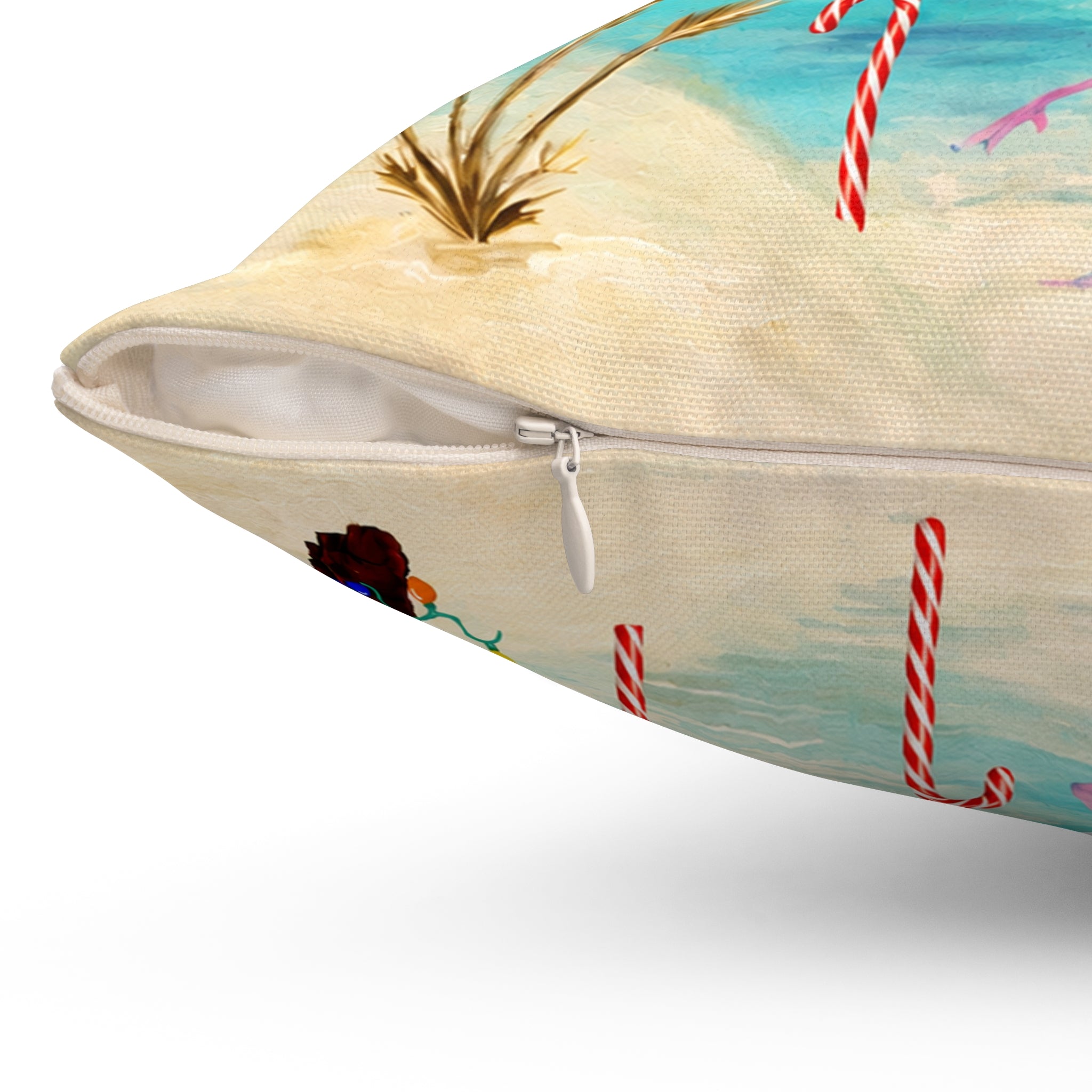 Christmas Flamingo Candy Canes Beach Pillow — Merry Christmas Tropical Holiday Throw Pillow