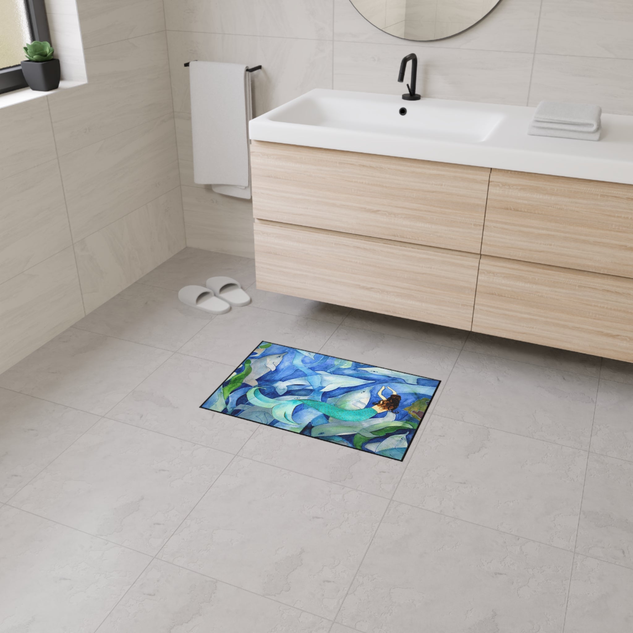 Mermaid and Dolphins Ocean Floor Mat — Heavy-Duty Nautical Doormat