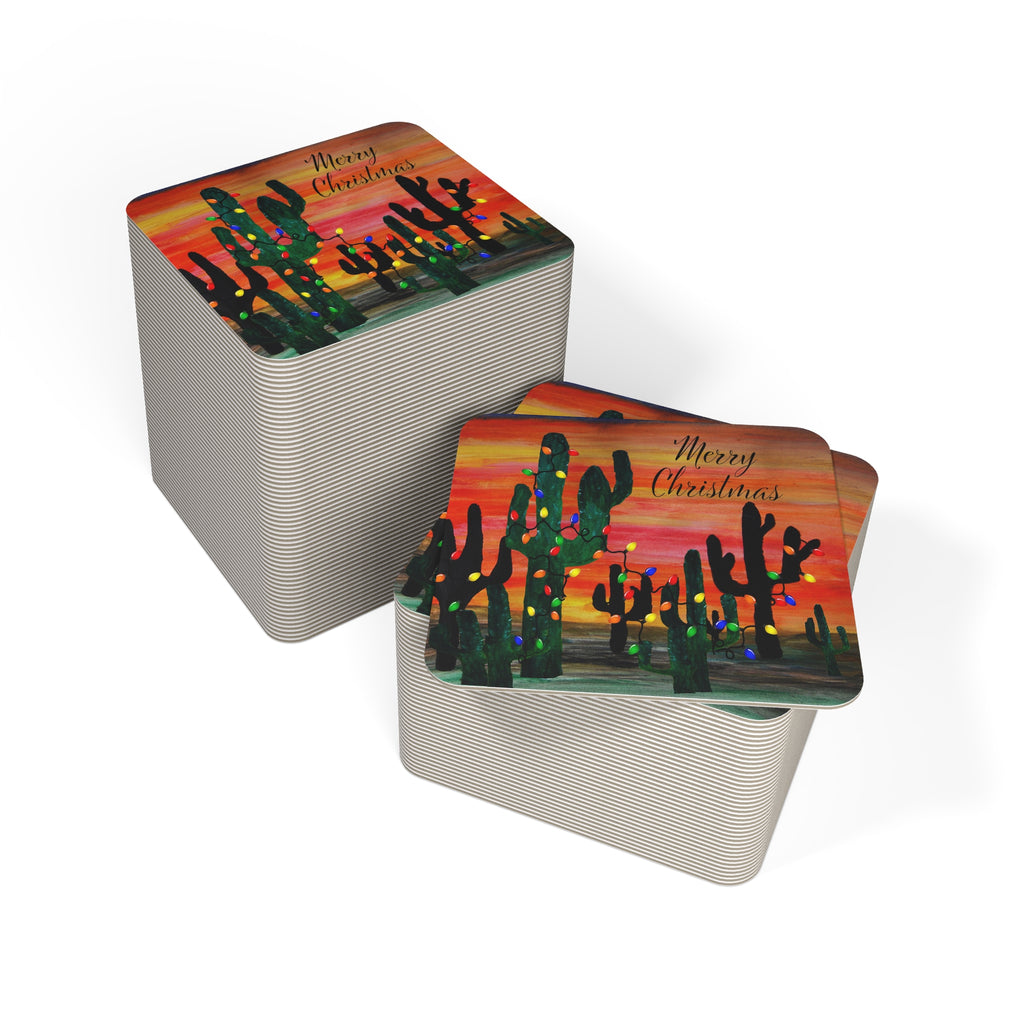 Christmas Cactus Coasters — Pack of 50/100 Holiday Drink Coasters with 'Merry Christmas' Desert Lights Design