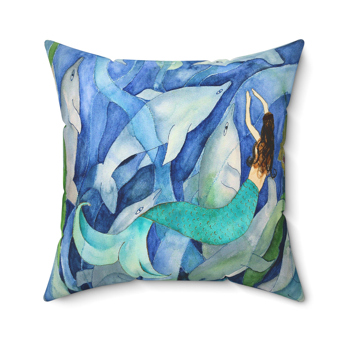 Mermaid & Dolphins Blue Watercolor Throw Pillow