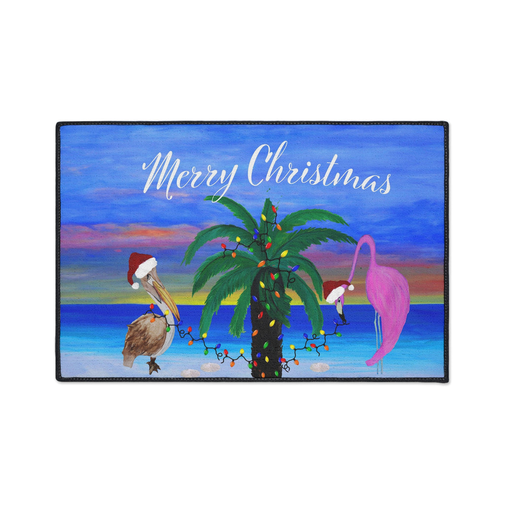 Christmas Beach Floor Mat – 'Merry Christmas' Palm Tree with Pelican & Flamingo Holiday Doormat